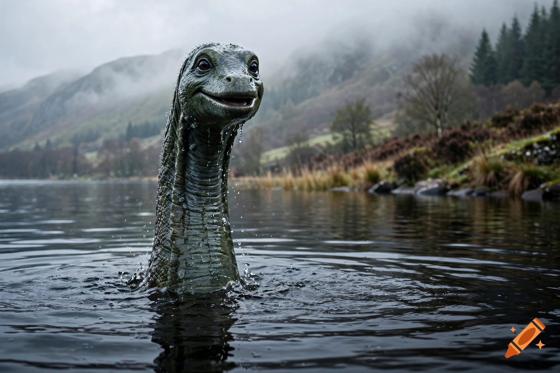 Photorealistic image of the Loch Ness Monster smiling as it emerges from the water in a misty lake surrounded by mountains.