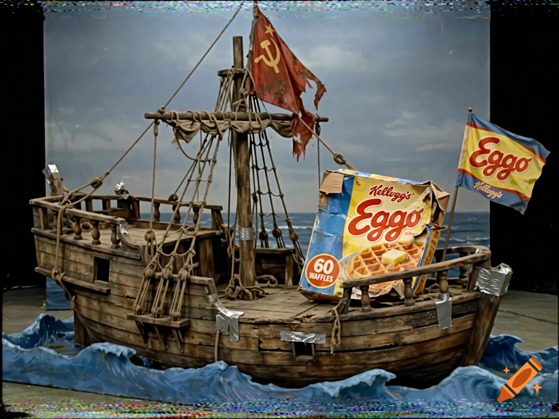 A wooden pirate ship model on a stage with a Soviet flag and an Eggo waffles box and flag.