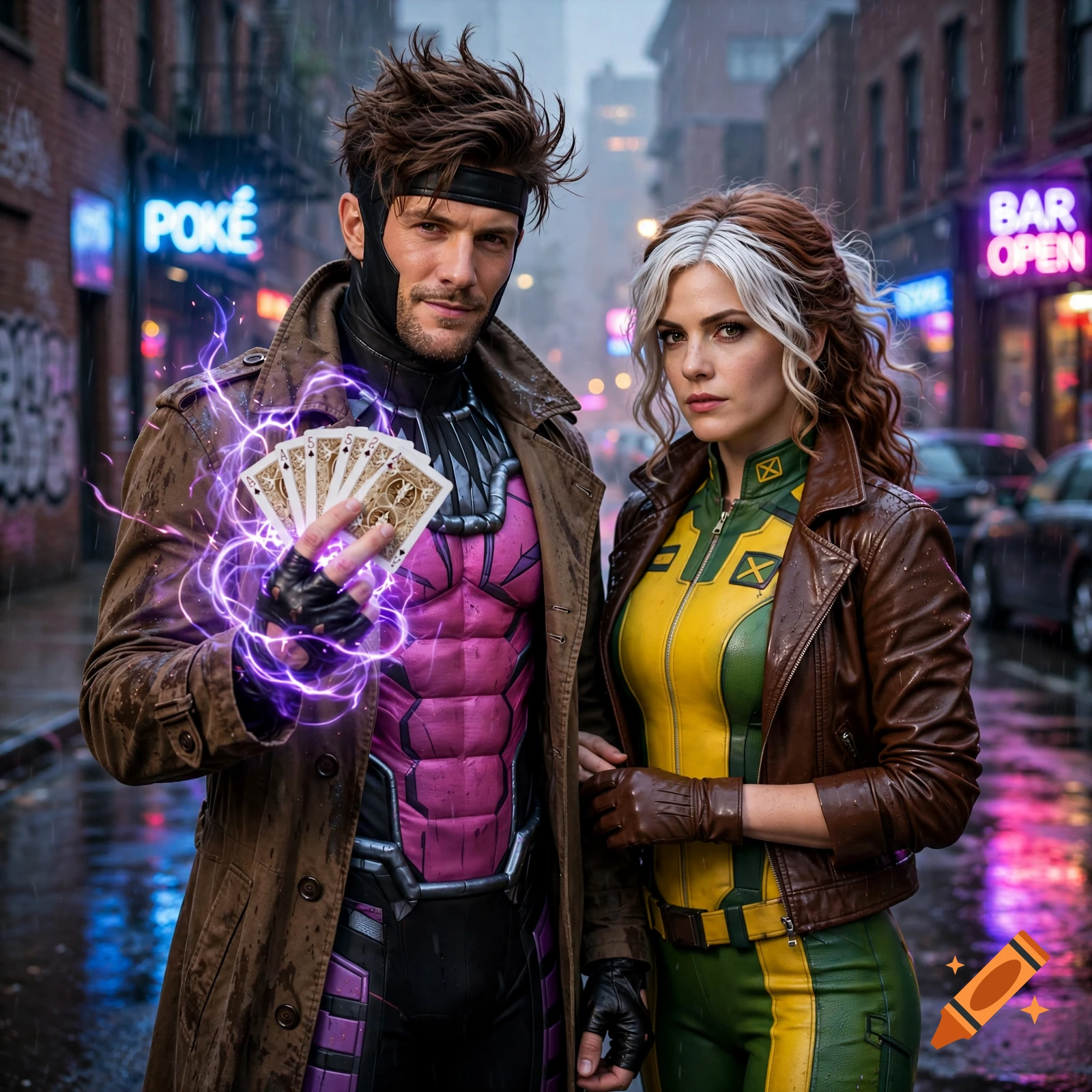 Photorealistic image of Gambit holding glowing cards and Rogue standing together in a rainy city street at night.