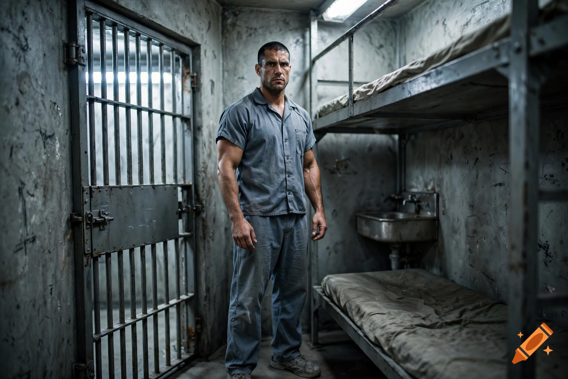 Photorealistic image of a muscular man standing inside a gritty prison cell with bunk beds and iron bars.