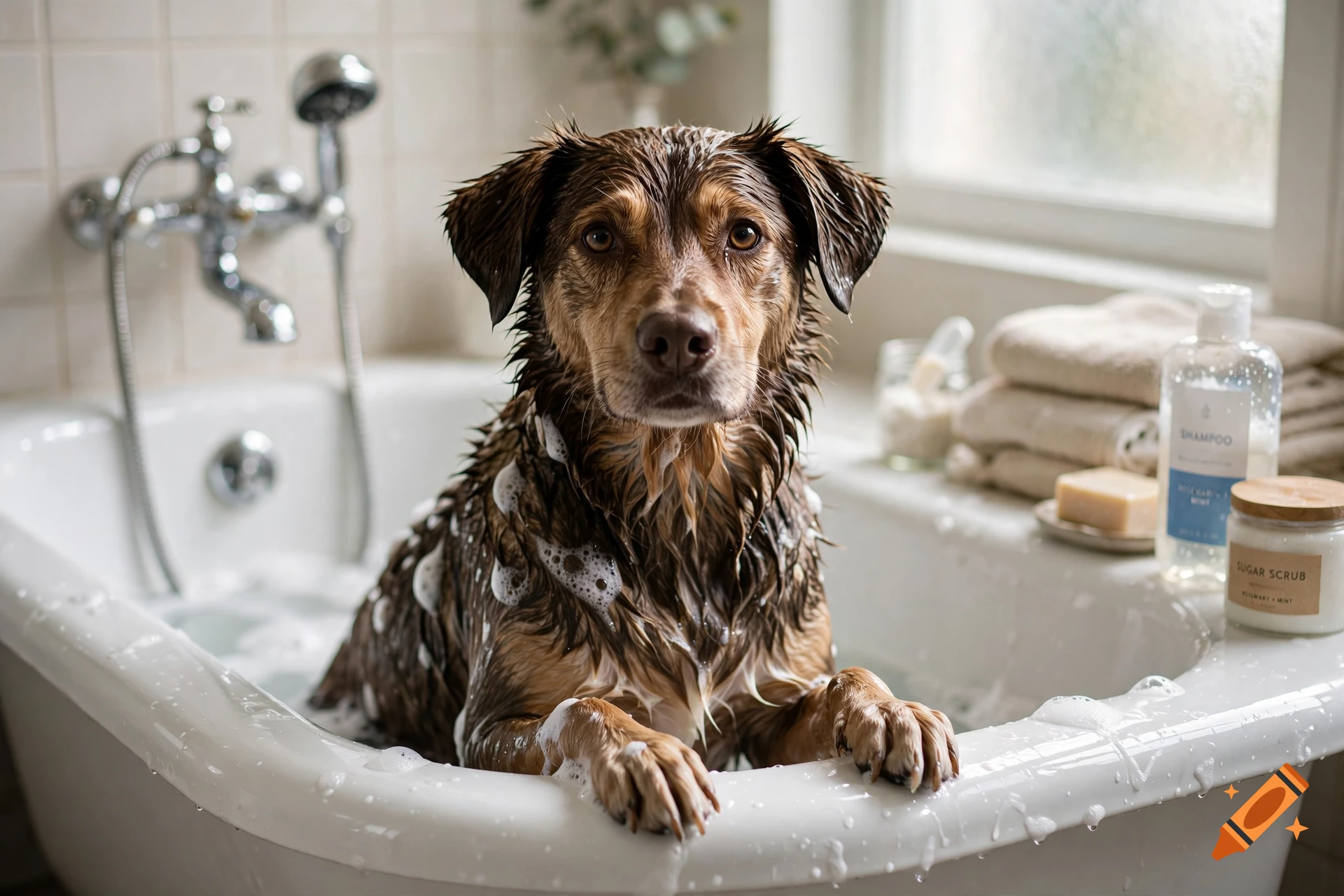 Photorealistic image of a brown dog sitting in a white bathtub filled with water and soap bubbles, looking at the camera.
