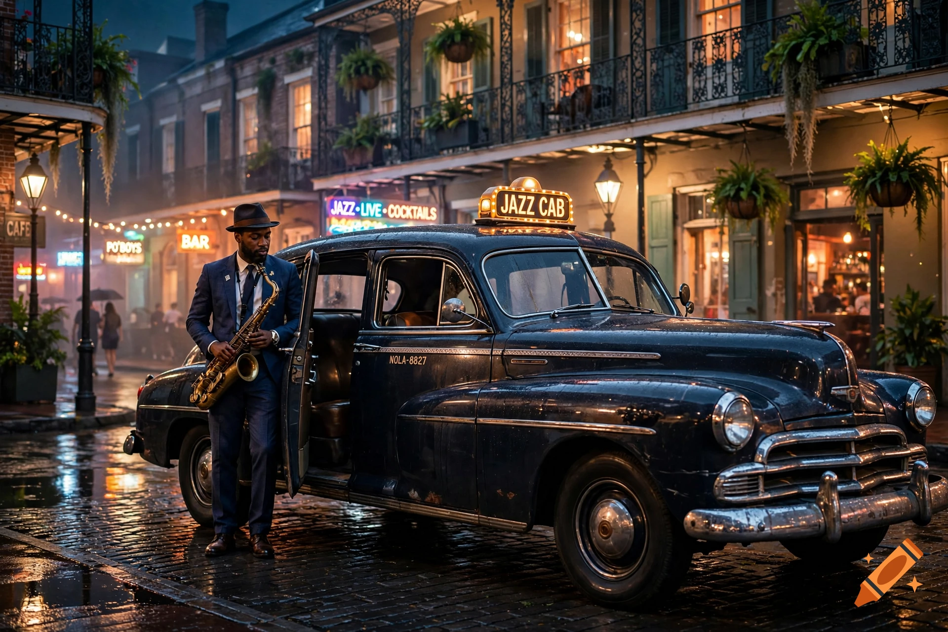 A man in a suit playing a saxophone next to a vintage jazz cab on a wet cobblestone street at night.