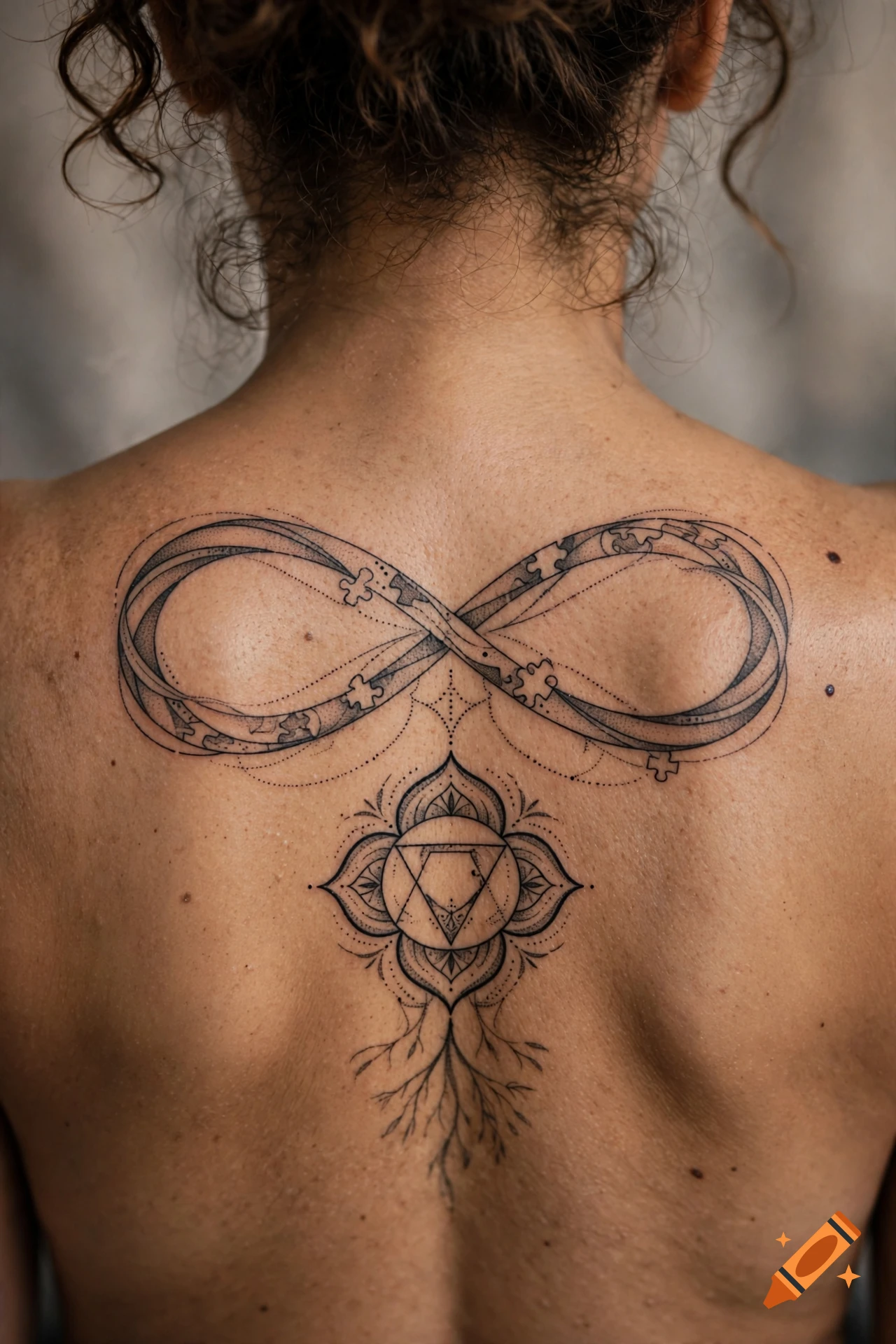 Close-up photograph of a woman's back showing a large infinity tattoo with puzzle pieces and a root mandala design below.