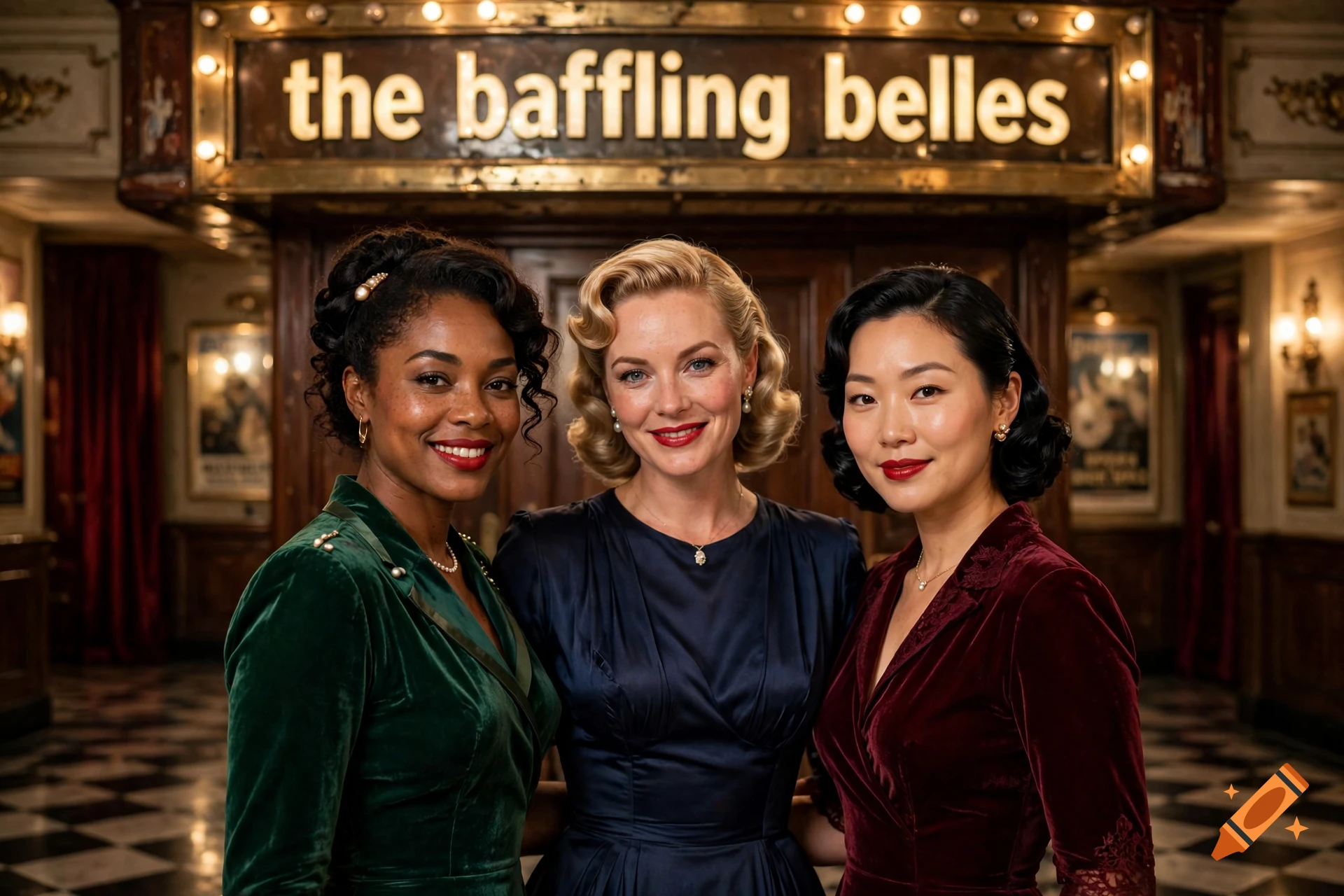 Photorealistic portrait of three diverse women smiling in front of a theatre marquee reading 'the baffling belles'.