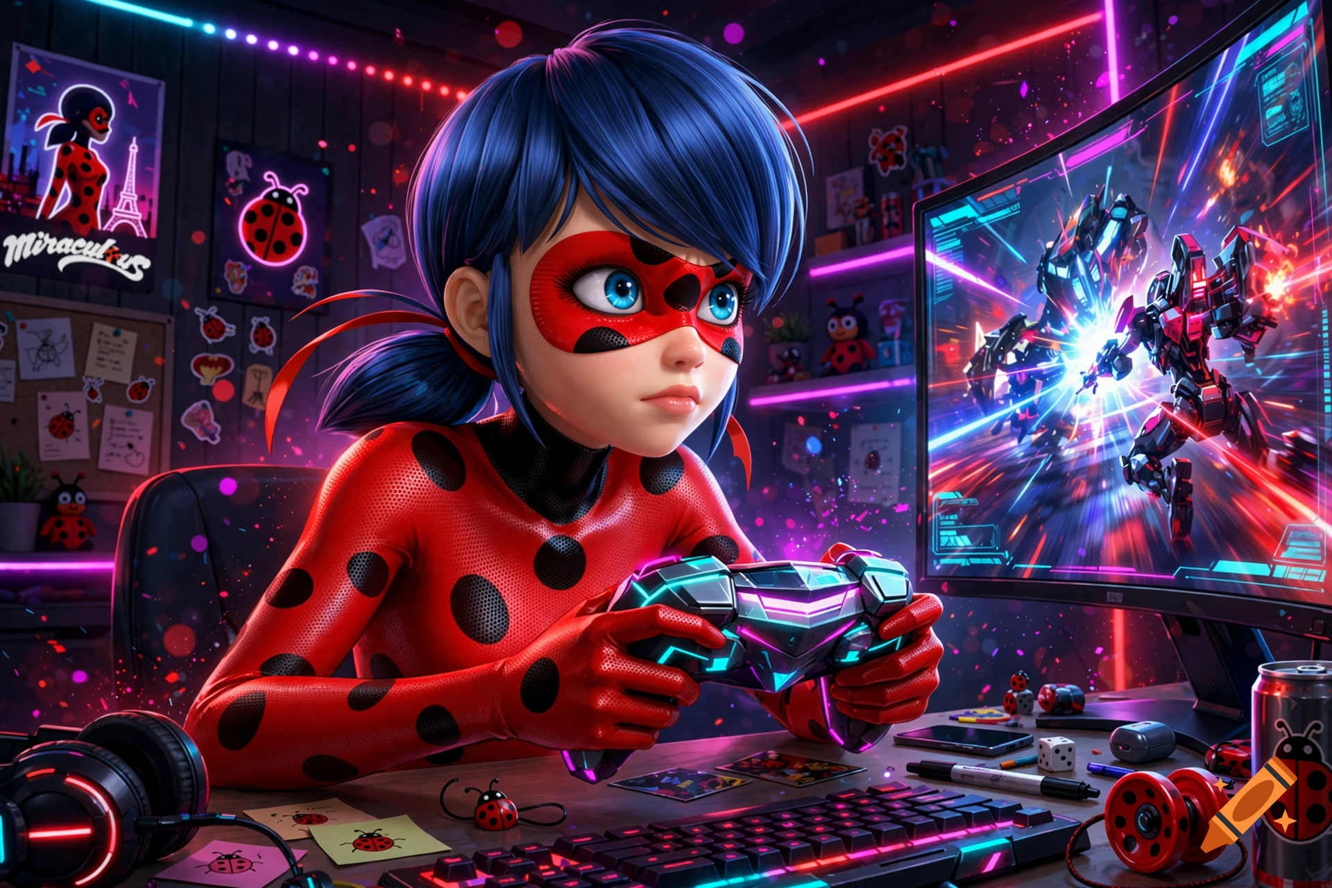 3D digital illustration of Ladybug from Miraculous playing a video game in a neon-lit room.