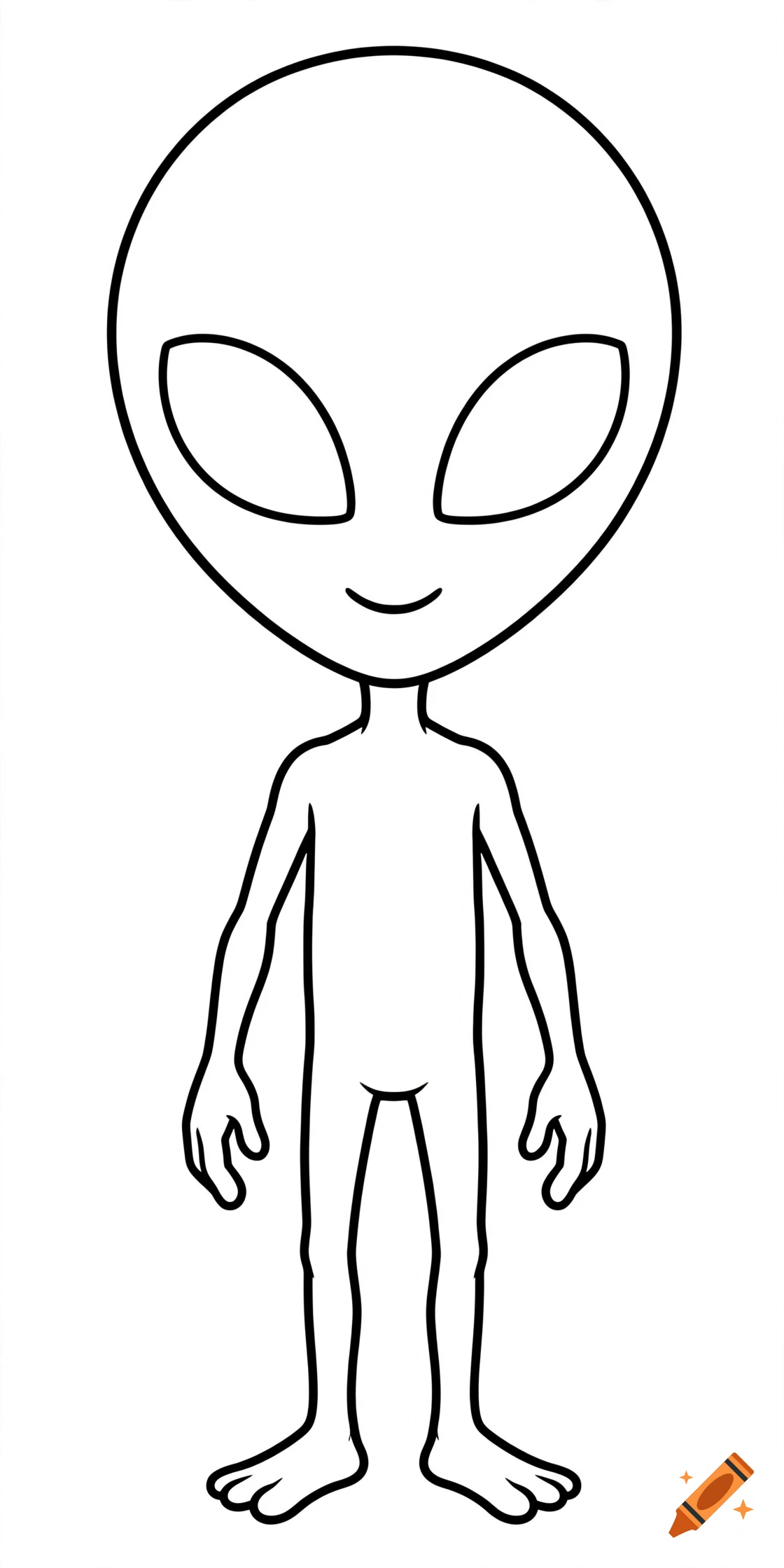 Black and white outline drawing of a grey alien on a white background