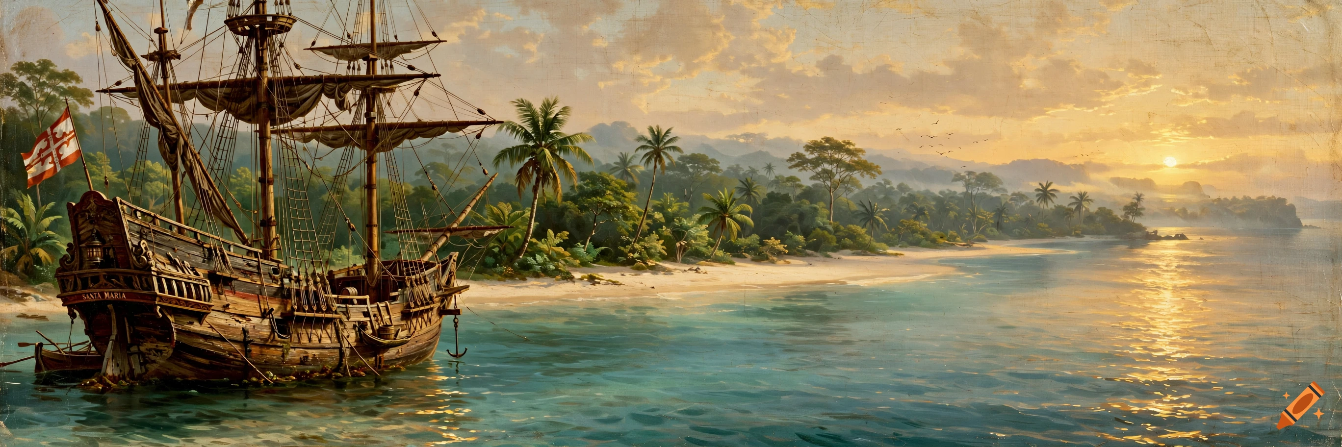 An old sailing ship anchored near a tropical beach with palm trees at sunset.