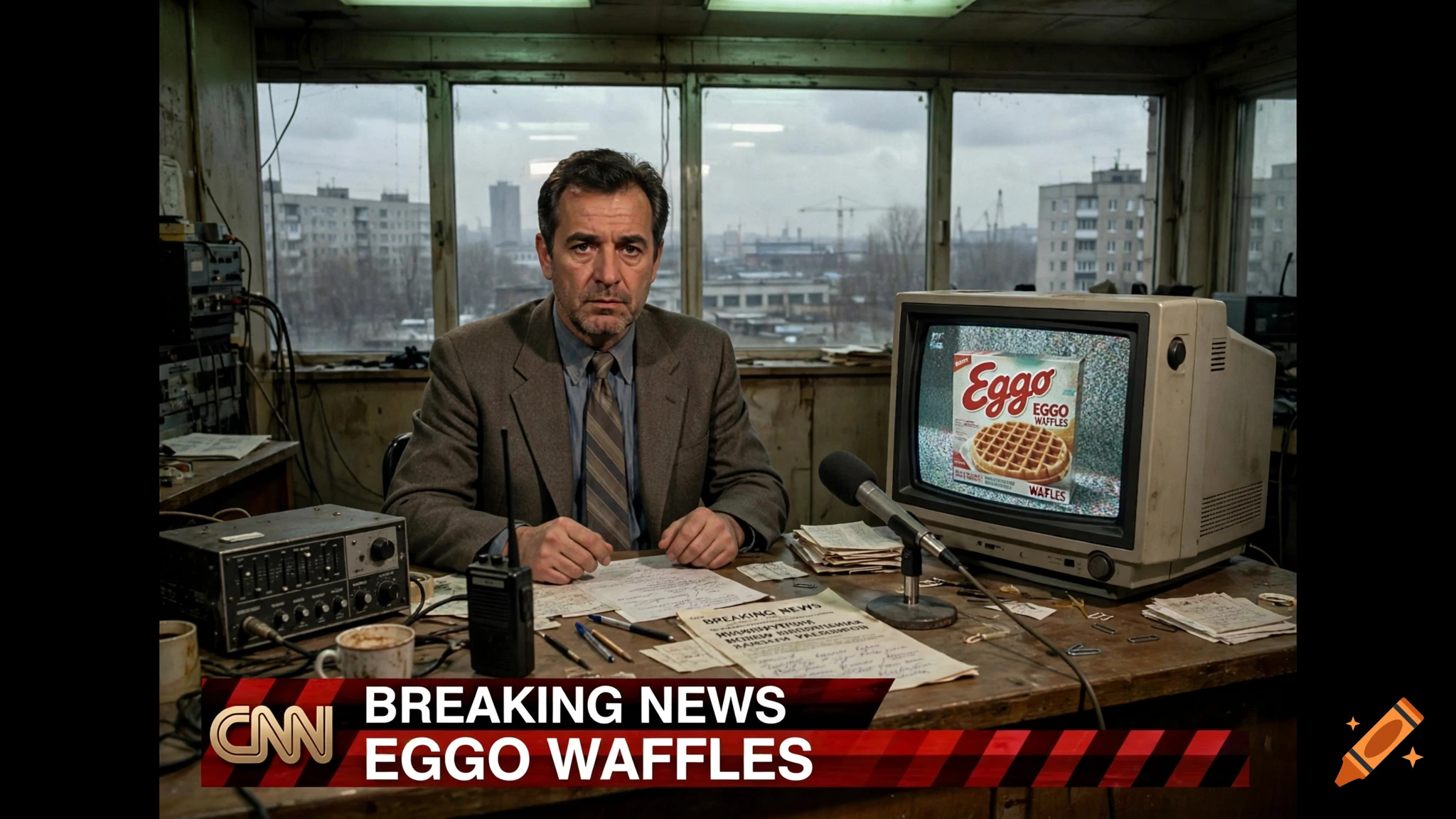 A man in a suit sitting at a desk with a vintage television displaying an Eggo waffles box and a CNN breaking news banner at the bottom.