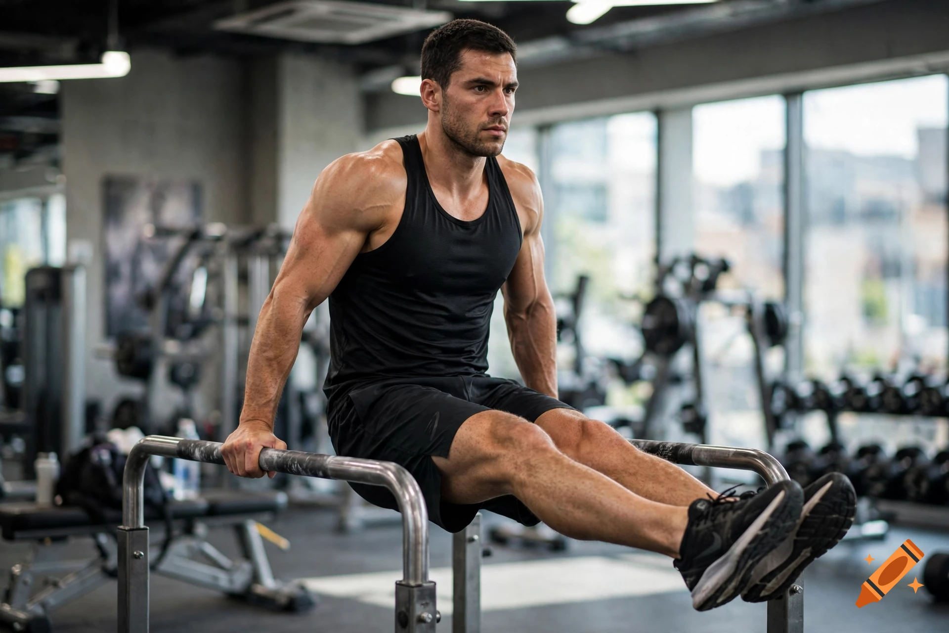 Photorealistic image of a muscular man performing parallel bar leg raises in a modern gym.