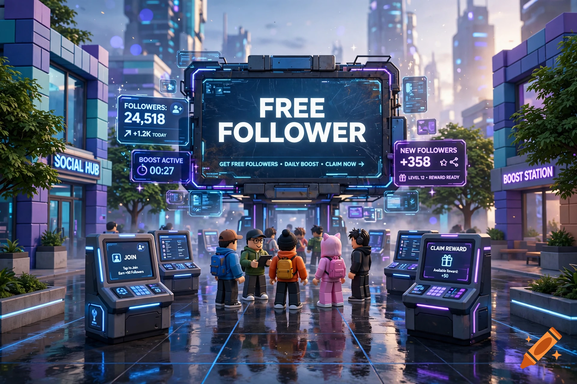 Roblox-style game scene with a futuristic city background, avatars gathered around kiosks, and a large sign reading FREE FOLLOWER.