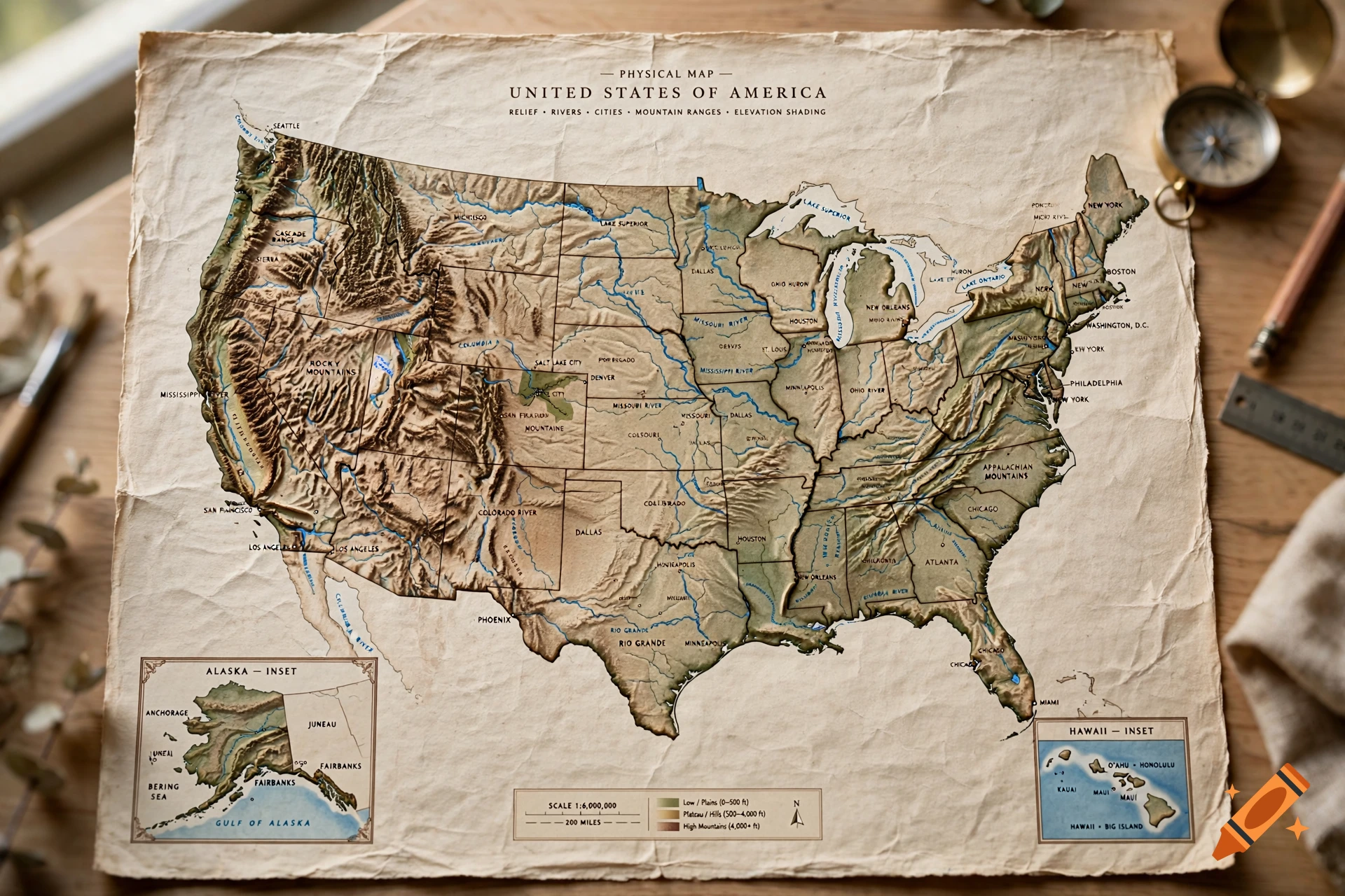 Vintage physical map of the United States of America with simulated relief shading on a wooden table.