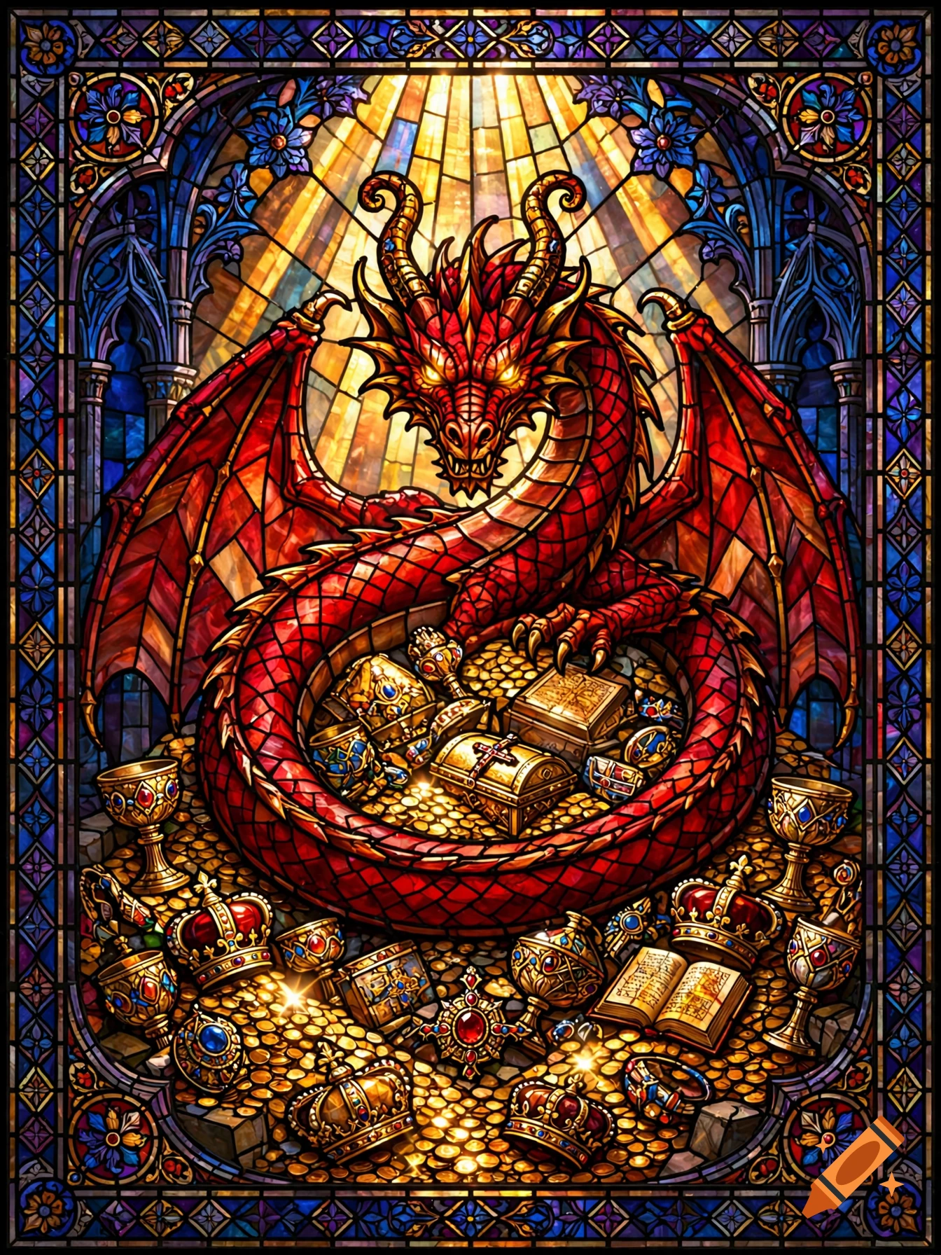 Stained glass art of a red dragon coiled around a pile of gold, crowns, and treasure chests.
