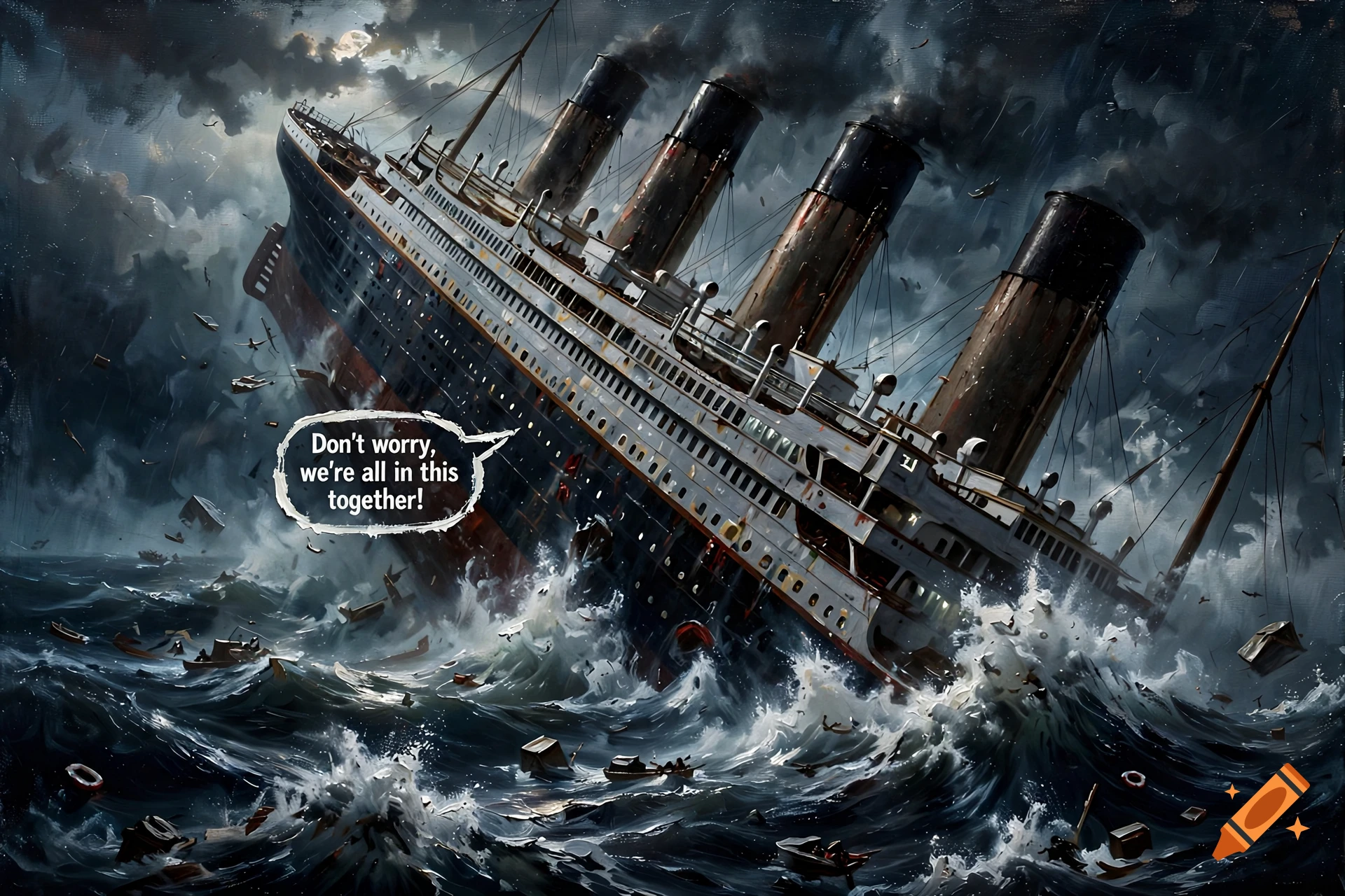 Oil painting of the Titanic sinking in a stormy sea with a speech bubble reading 'Don't worry, we're all in this together!'