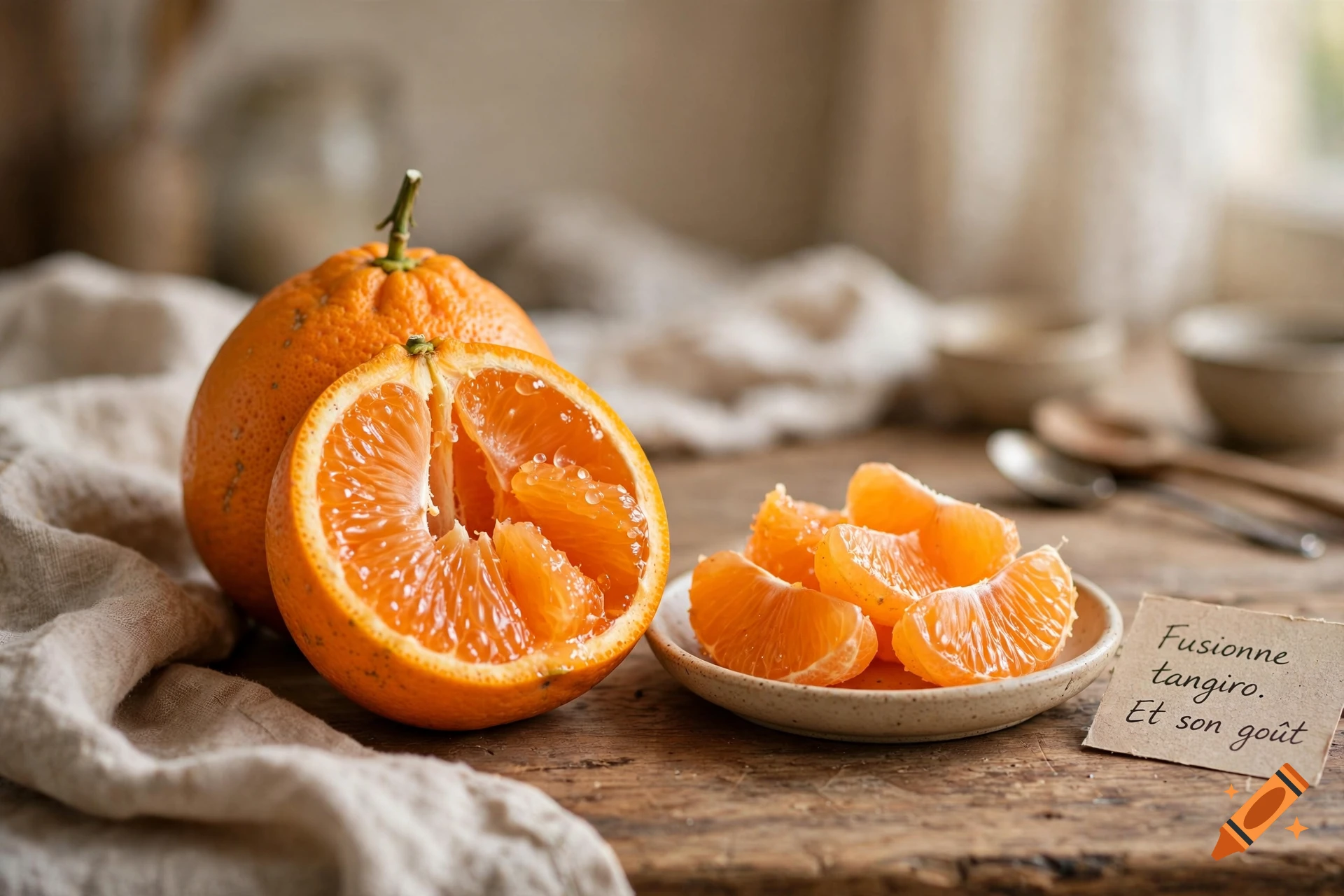 Photorealistic still life of a halved and segmented mandarin orange on a rustic wooden table with a small note.