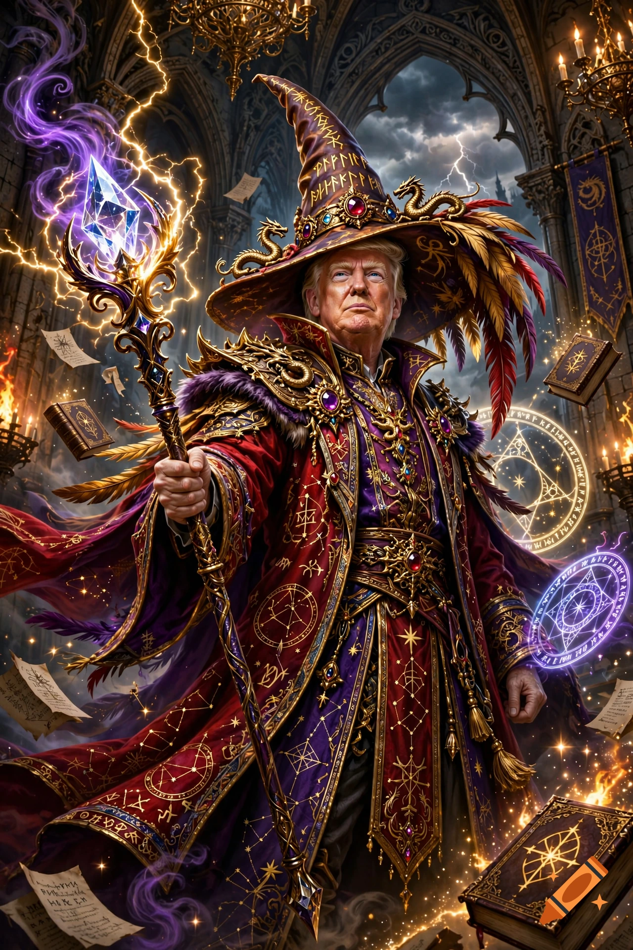 Donald Trump depicted as a fantasy RPG wizard wearing elaborate purple and red robes with a large magical staff inside a gothic hall.