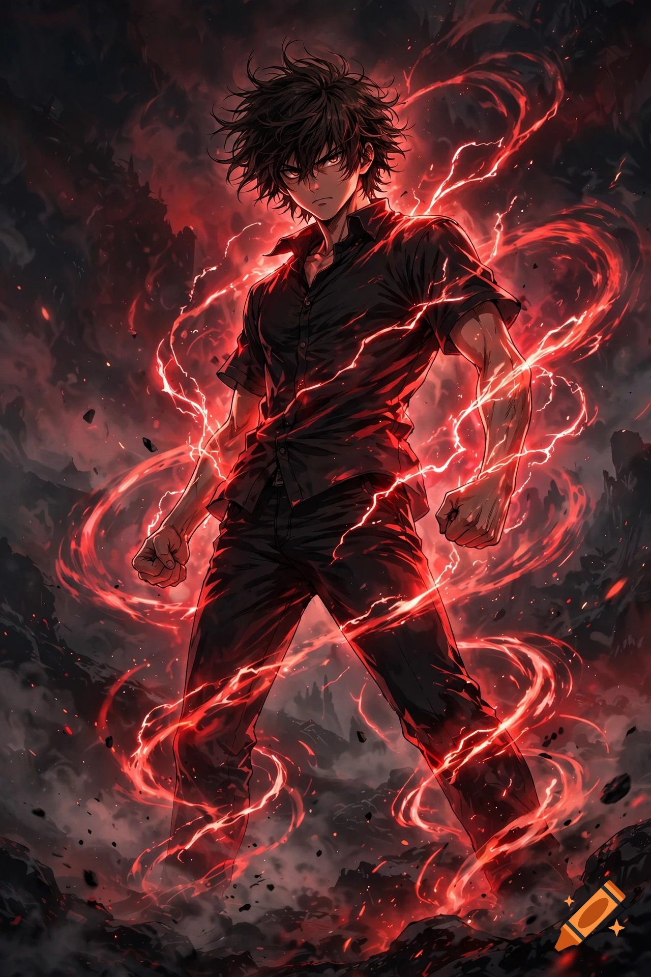 Dark fantasy anime illustration of a young man surrounded by a powerful red energy aura.