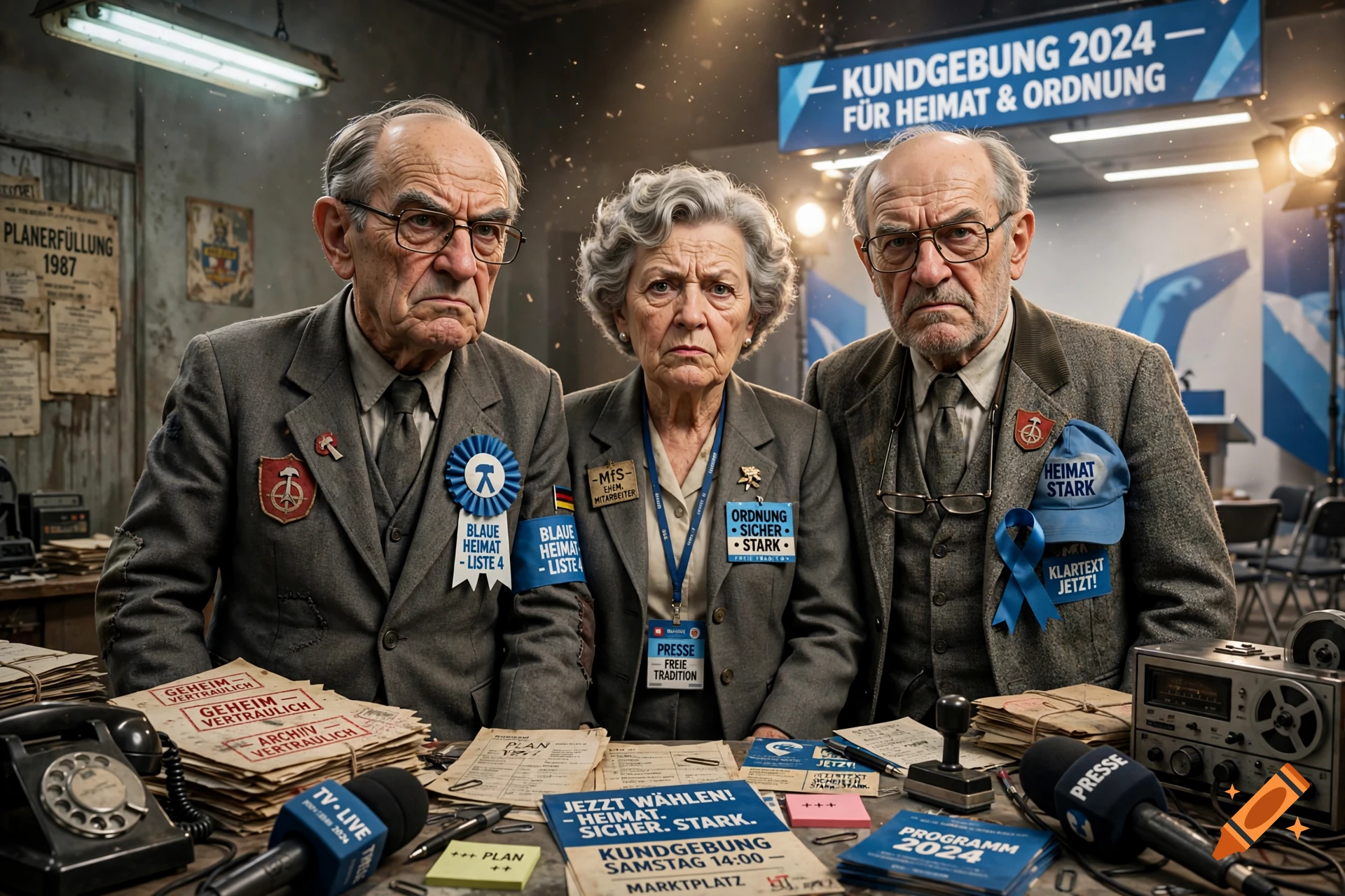 Photorealistic 3d rendering of three elderly people dressed in retro clothing behind a desk with microphones and German text.