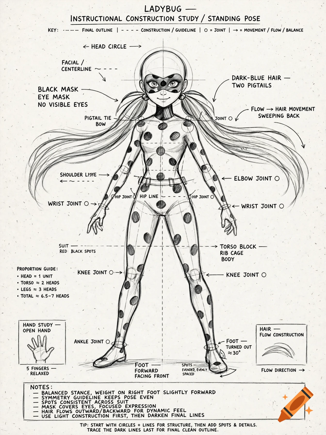 Instructional sketch study of Ladybug from Miraculous, showing construction guidelines, joints, proportions, and notes in a character sheet style.