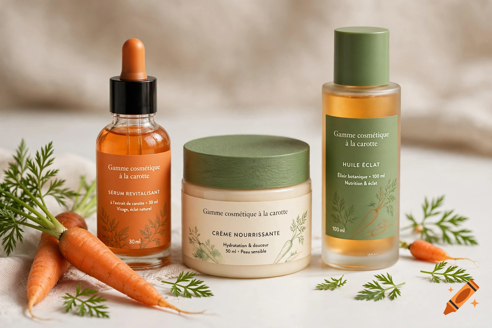 Product photography of carrot-themed cosmetic products including a dropper bottle, jar, and pump bottle surrounded by fresh carrots.