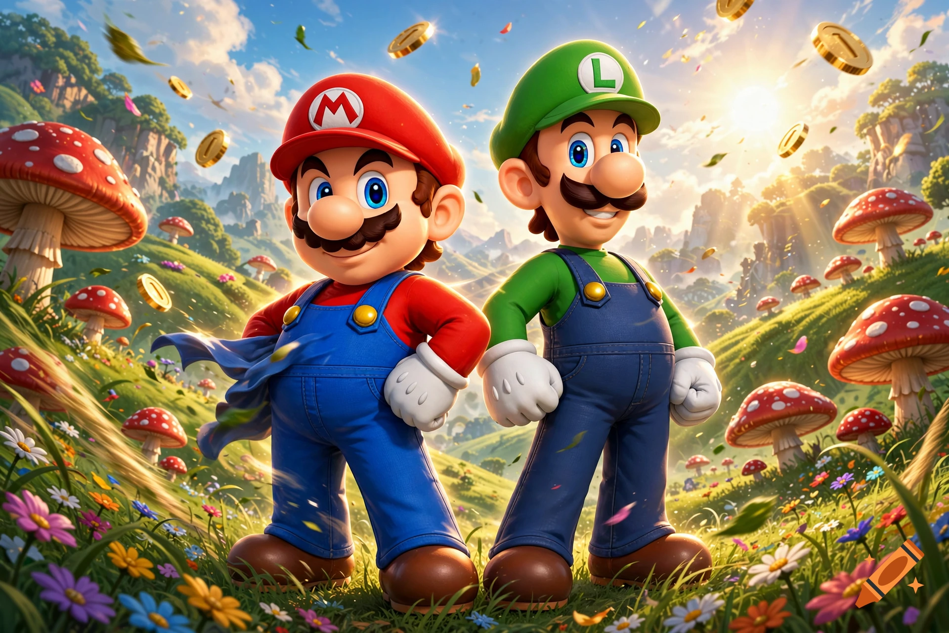 Mario and Luigi standing in a lush, mushroom-filled grassy field with floating gold coins under a bright sun, 3D render style.