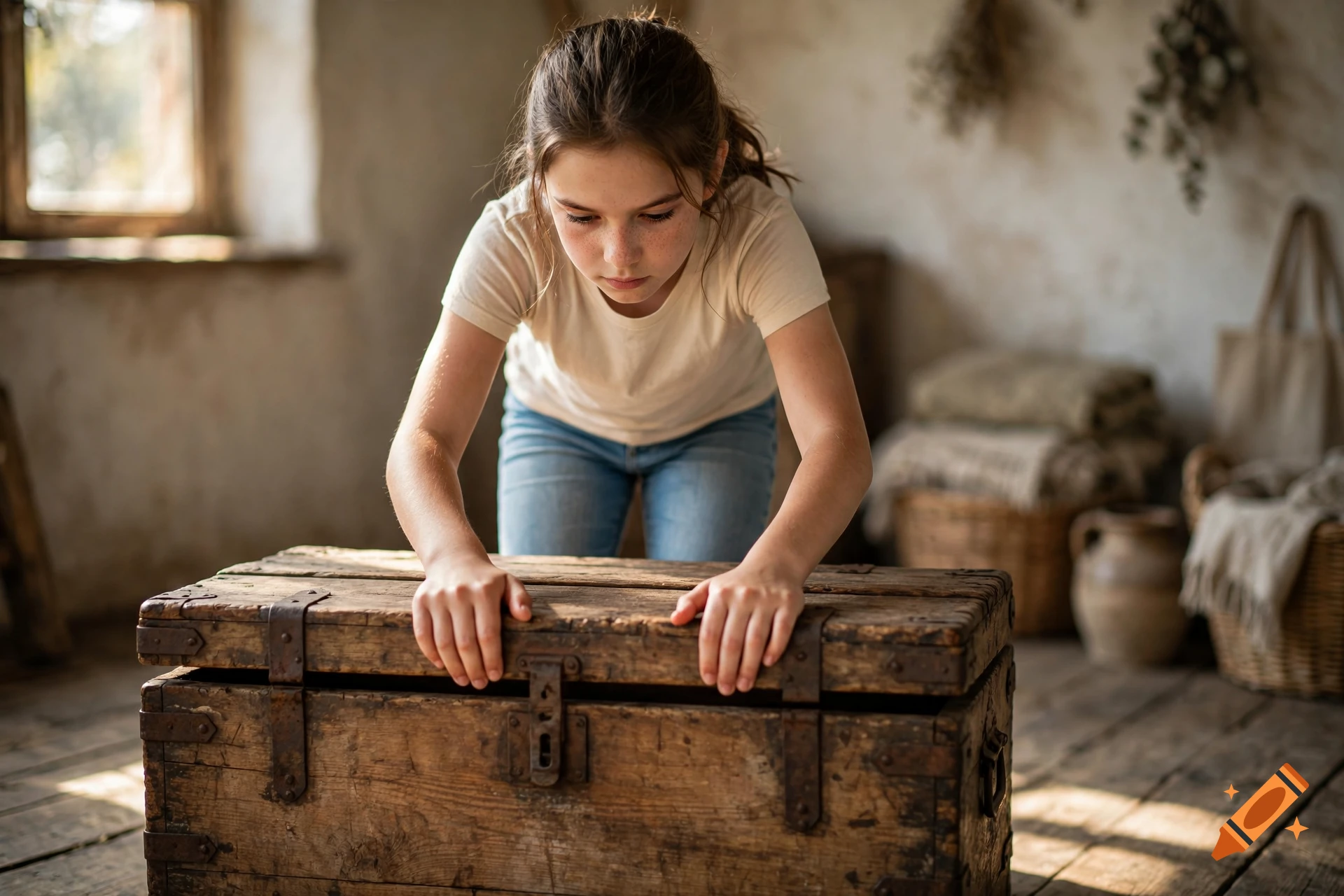 An eleven-year-old girl with freckles opens a large wooden chest in a rustic room, photorealistic.