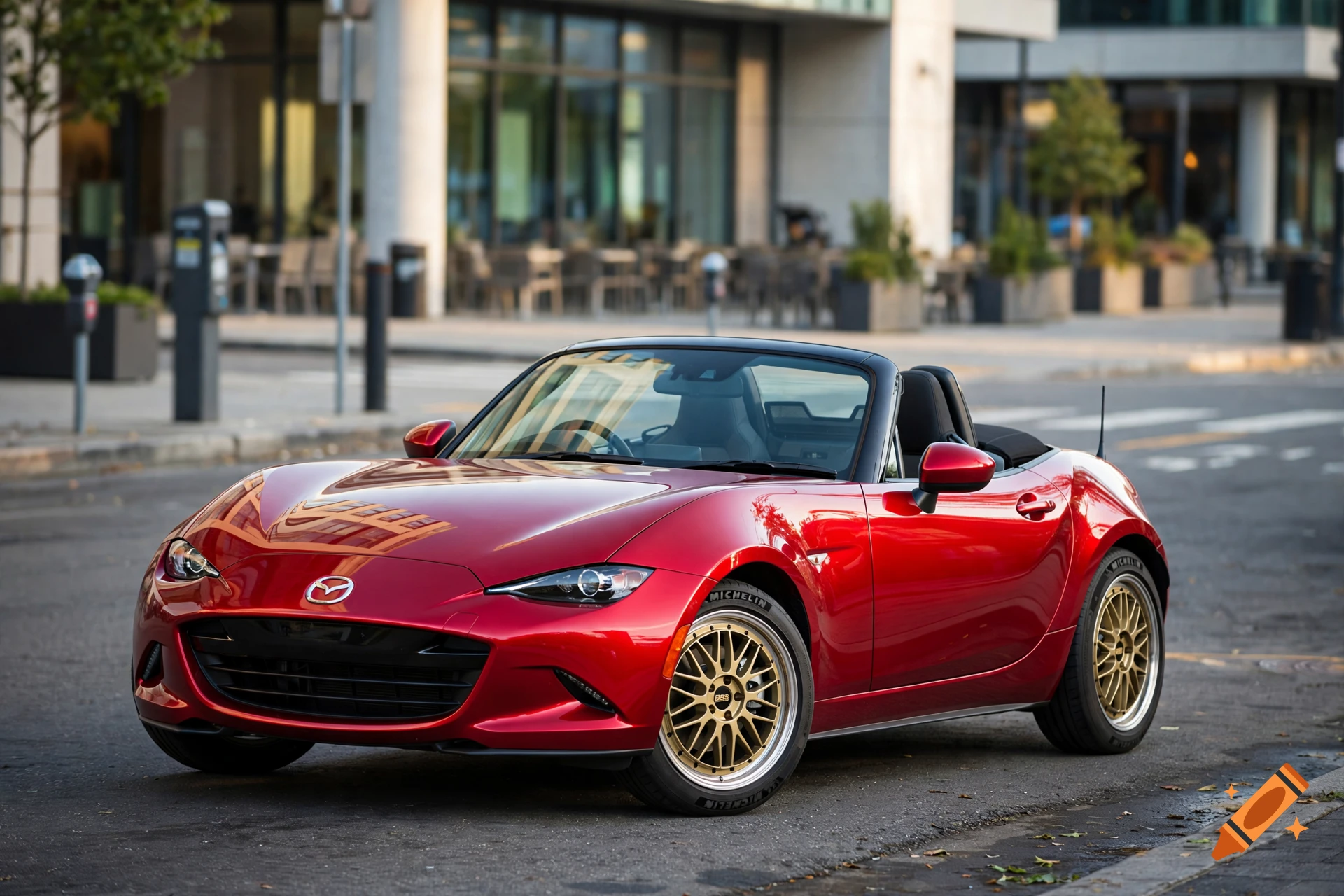 Photorealistic red Mazda MX-5 Miata convertible with gold BBS wheels parked on a city street.