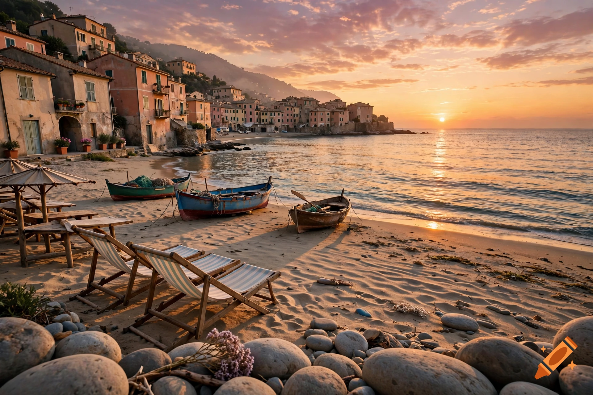 Photorealistic sunset over an idyllic Italian coastal village with sandy beach, fishing boats, and beach chairs in the foreground.