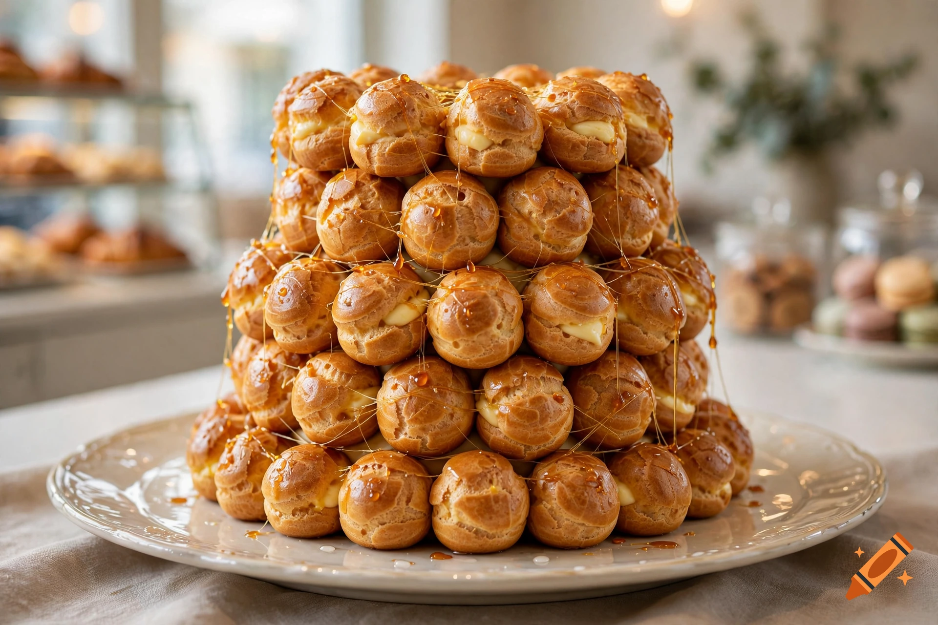 Photorealistic close-up of a large French croquembouche wedding cake made of cream puffs held together with caramel.