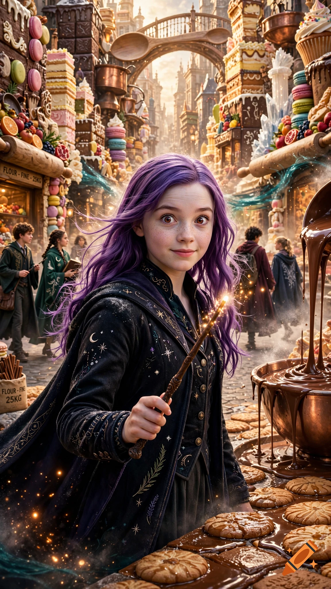 A cinematic fantasy poster showing a teenage witch with purple hair holding a wand in a sweet city made of cakes and pastries.