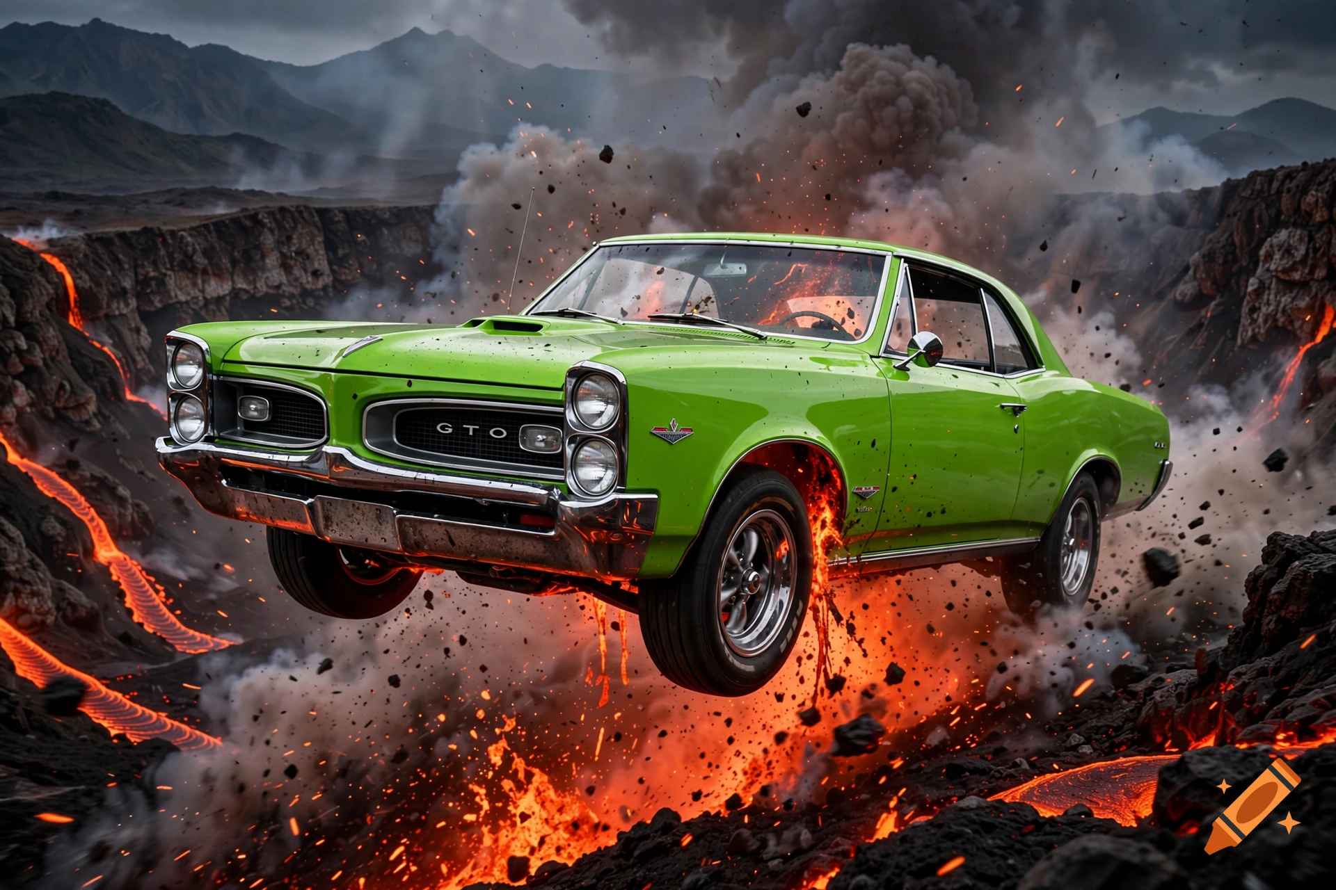 Neon green 1966 Pontiac GTO erupting mid-air from a volcanic crater with smoke and flying rocks.