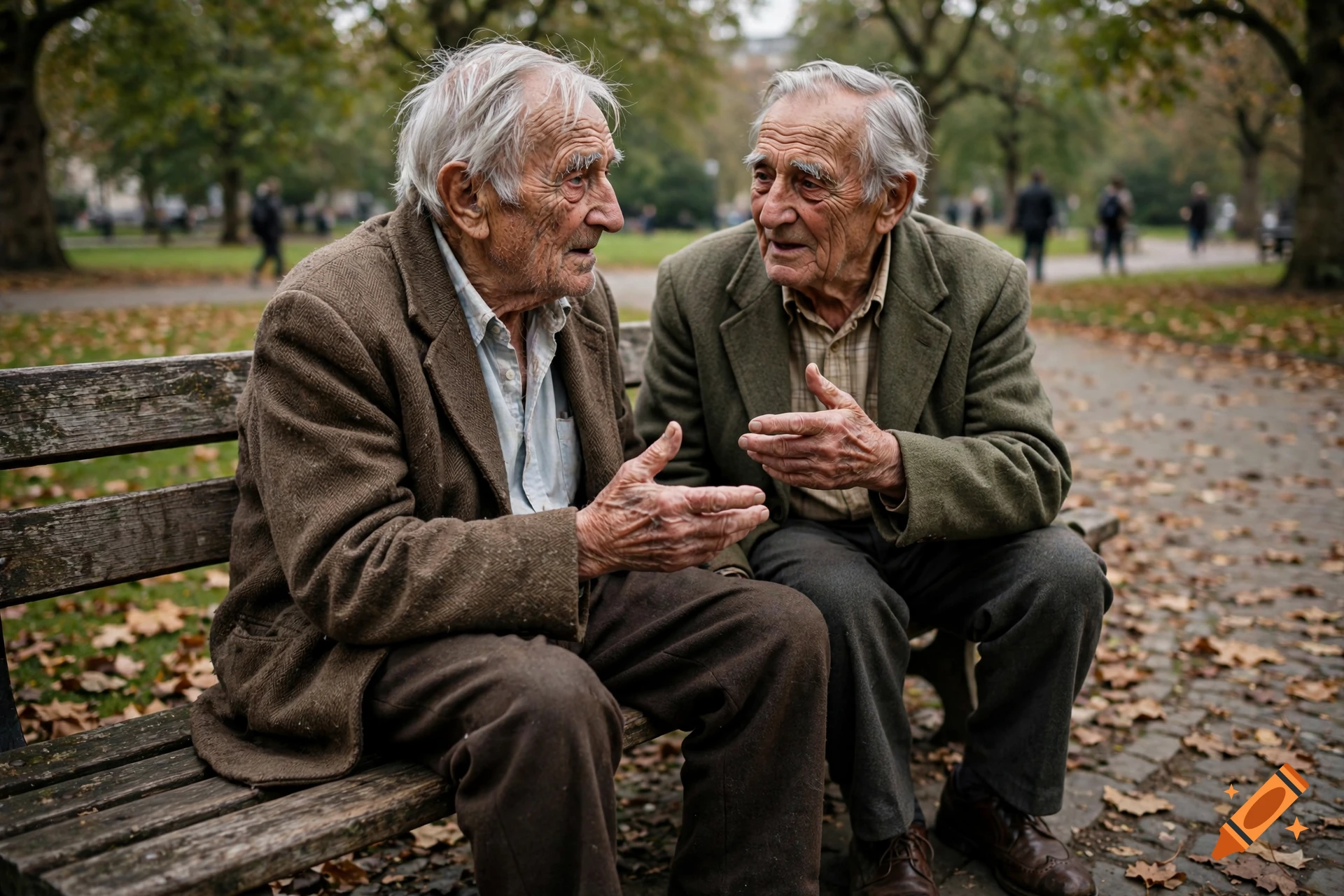 Photorealistic image of two elderly men sitting on a wooden park bench, engaged in conversation.