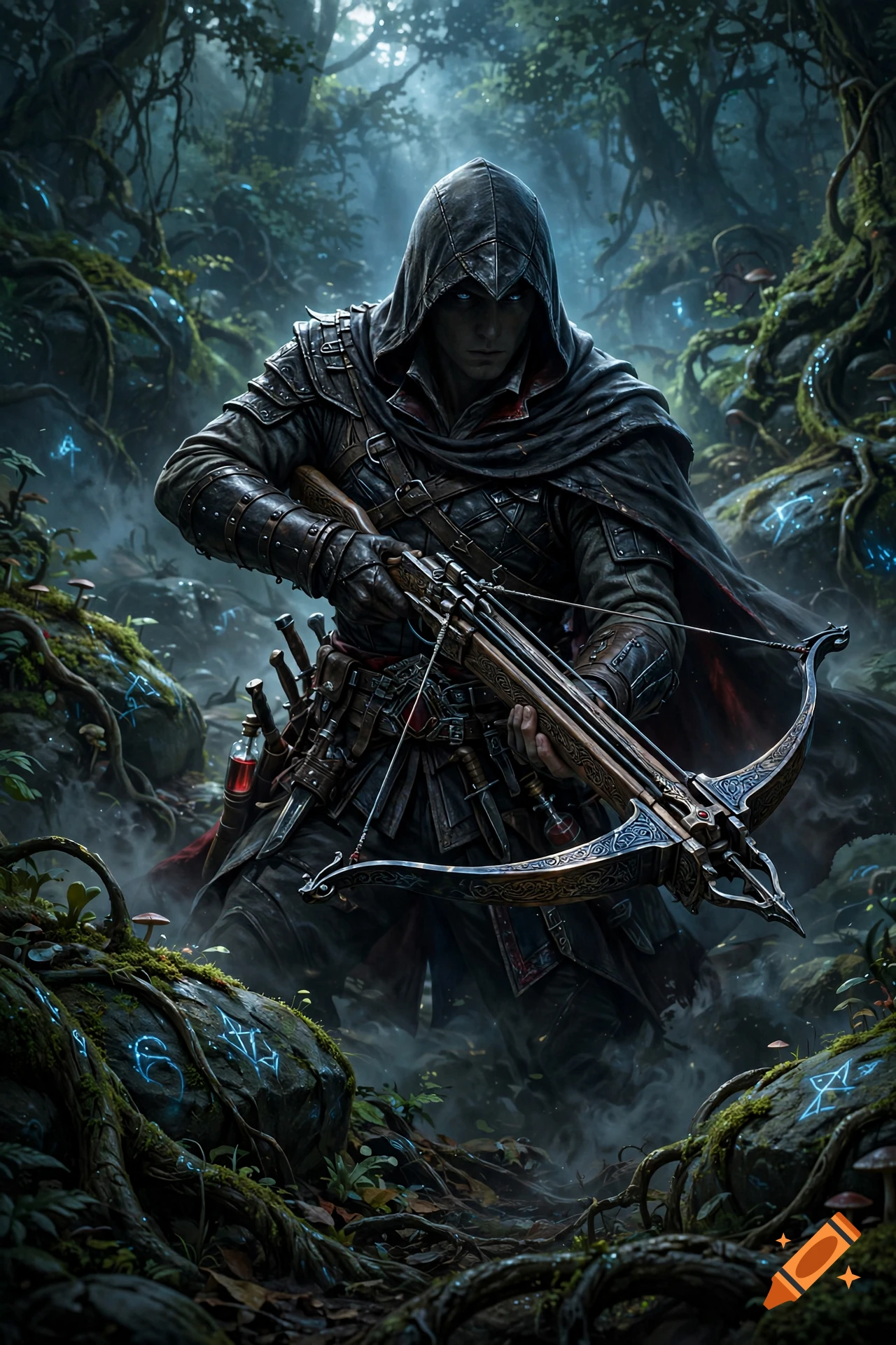 An assassin in a dark hooded cloak aiming a detailed crossbow in a misty, enchanted forest, digital art style.