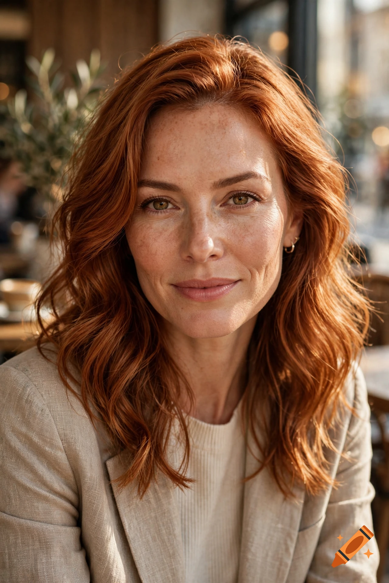 Close-up photorealistic portrait of an attractive woman with vibrant red hair and freckles, wearing a beige blazer in a cafe.