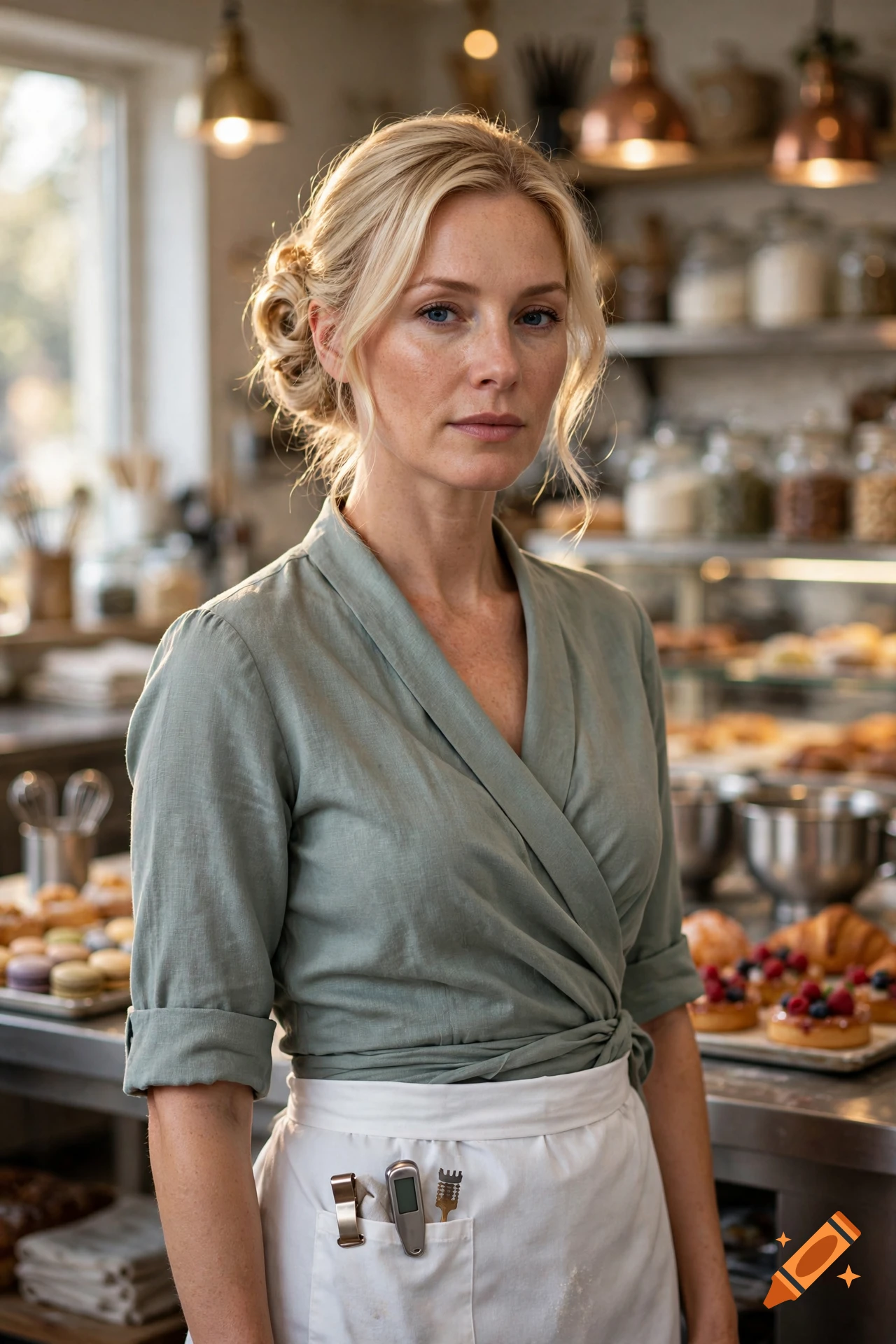Photorealistic portrait of a blonde pastry chef in a green wrap dress and white apron standing in a kitchen.