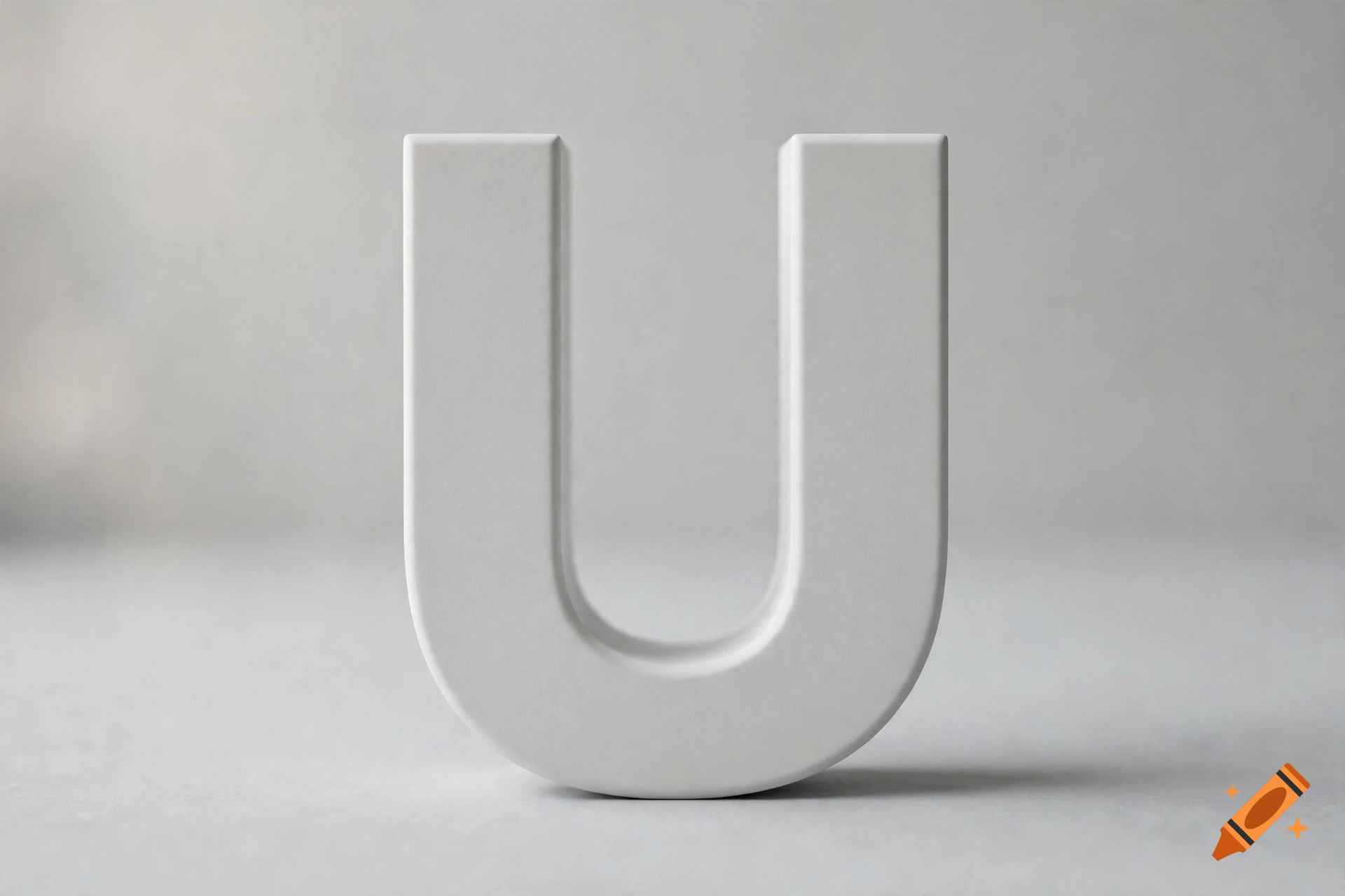A white 3D letter U standing on a light gray surface against a neutral background.