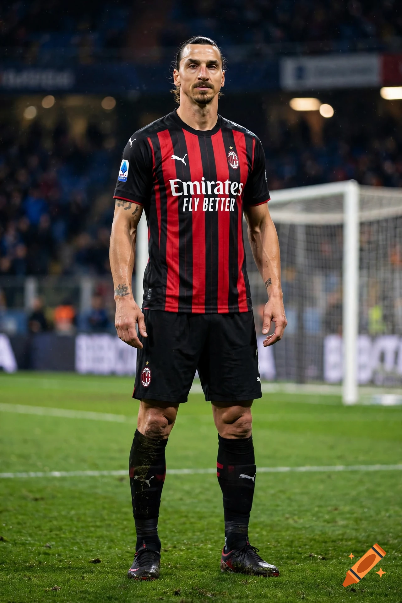 Photorealistic full-body portrait of soccer player Zlatan Ibrahimovic standing on a pitch in an AC Milan jersey.