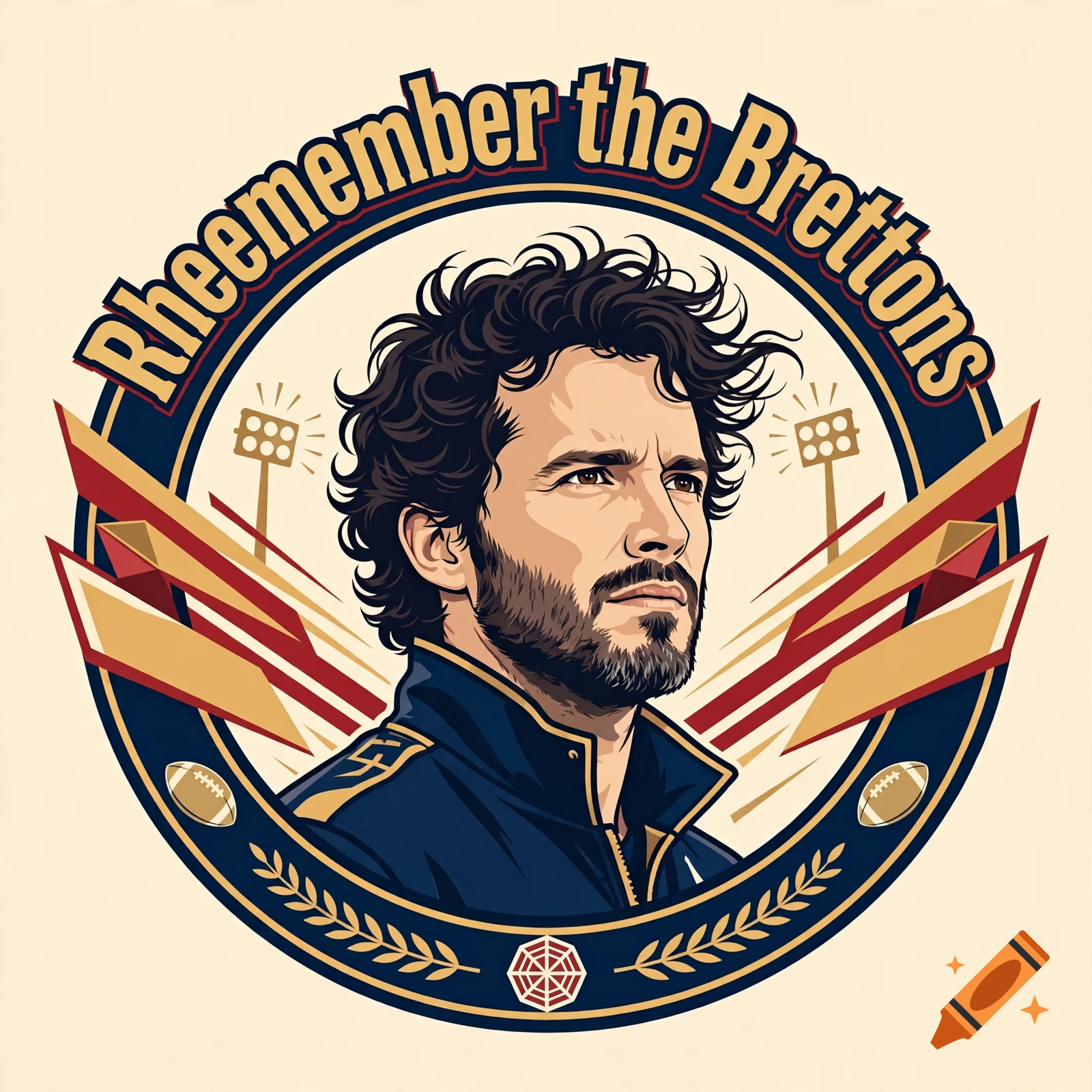 Circular vector logo featuring a portrait of Bret from Flight of the Conchords with text Rheemember the Brettons.