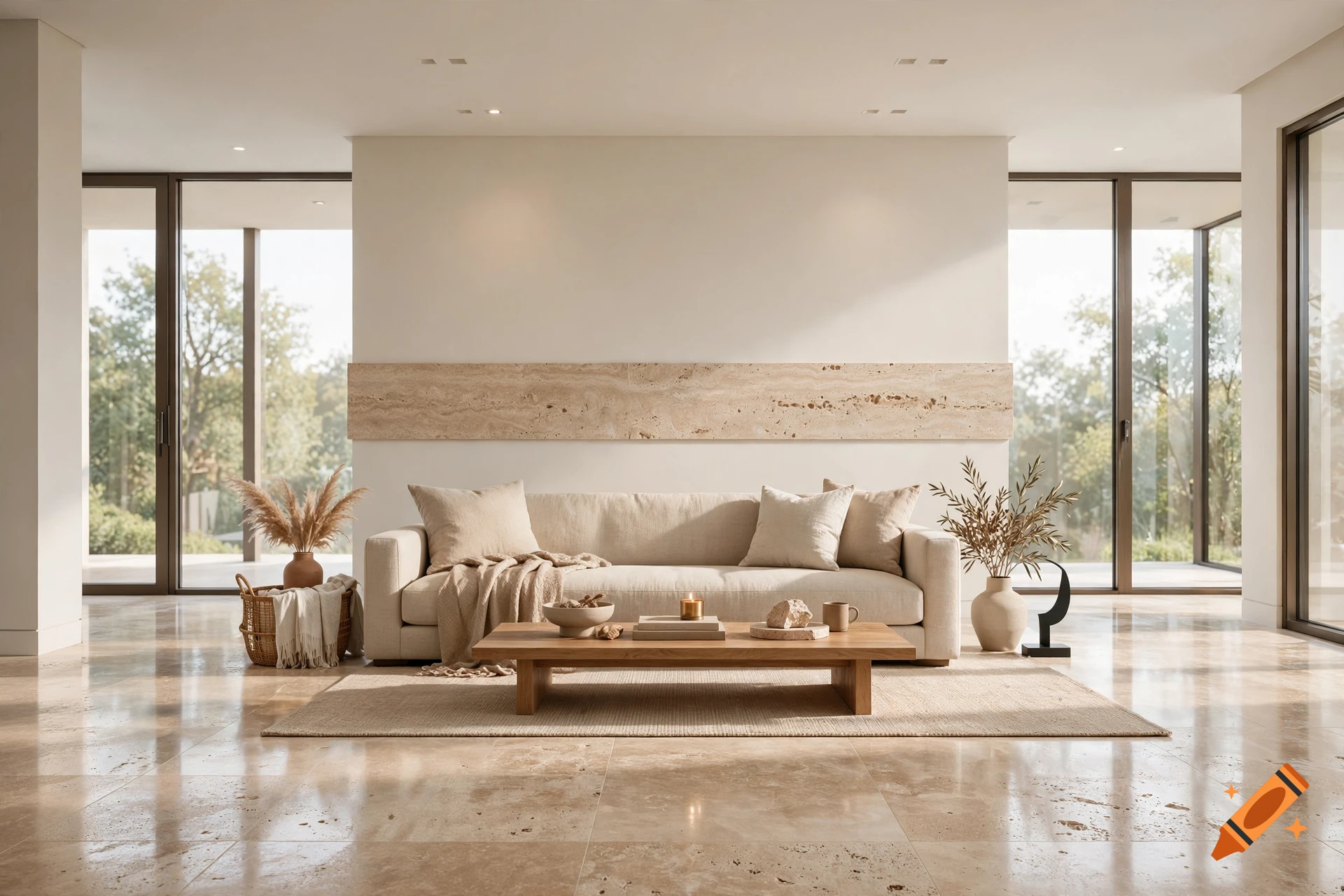 Photorealistic modern minimalist living room with beige travertine stone floors and walls, cream sofa, and wooden coffee table.