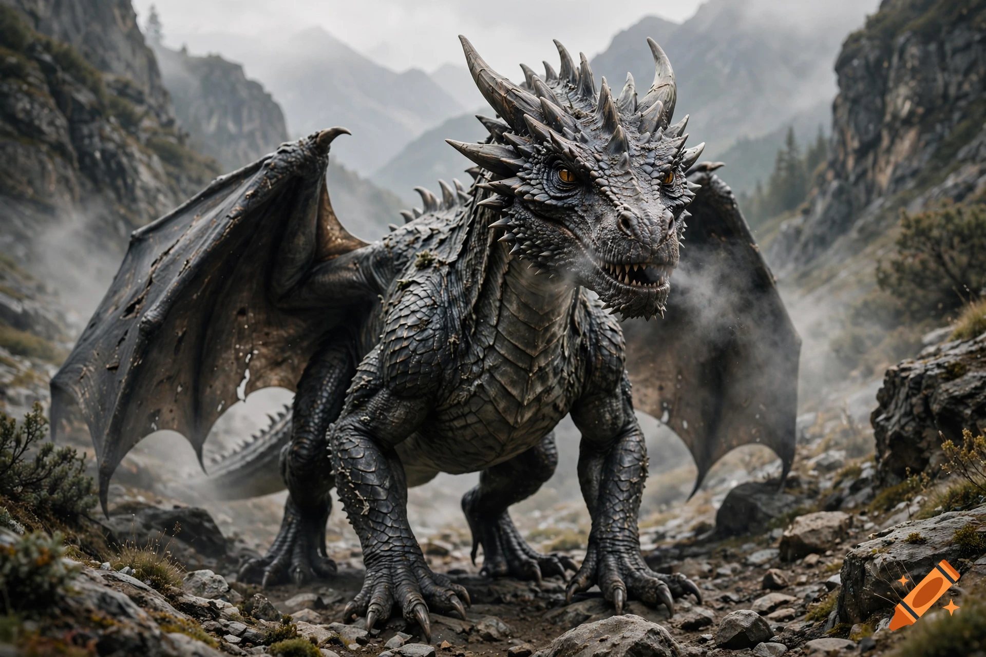 Photorealistic dark grey dragon standing on rocky mountain terrain with misty background.