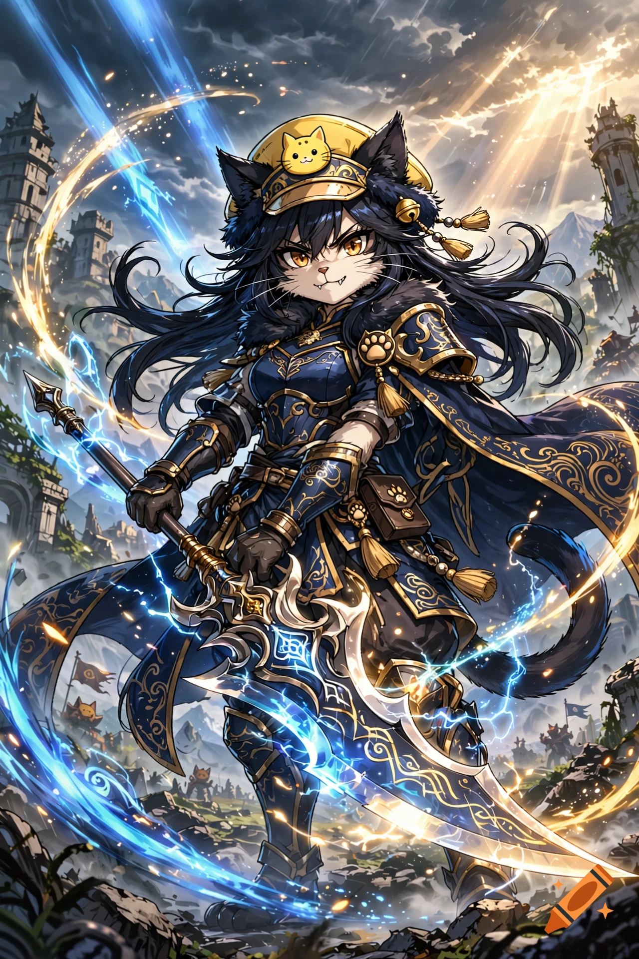 Anime style illustration of a fierce cat-girl warrior in blue and gold armor holding a glowing spear amidst ruins.