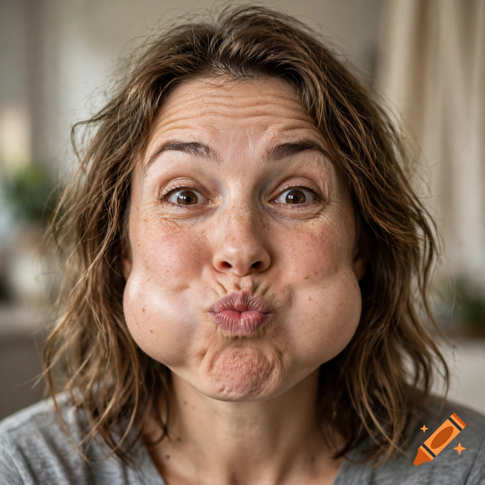 Close-up portrait of a woman with brown hair, freckles, and cheeks puffed out making a funny face, photorealistic.