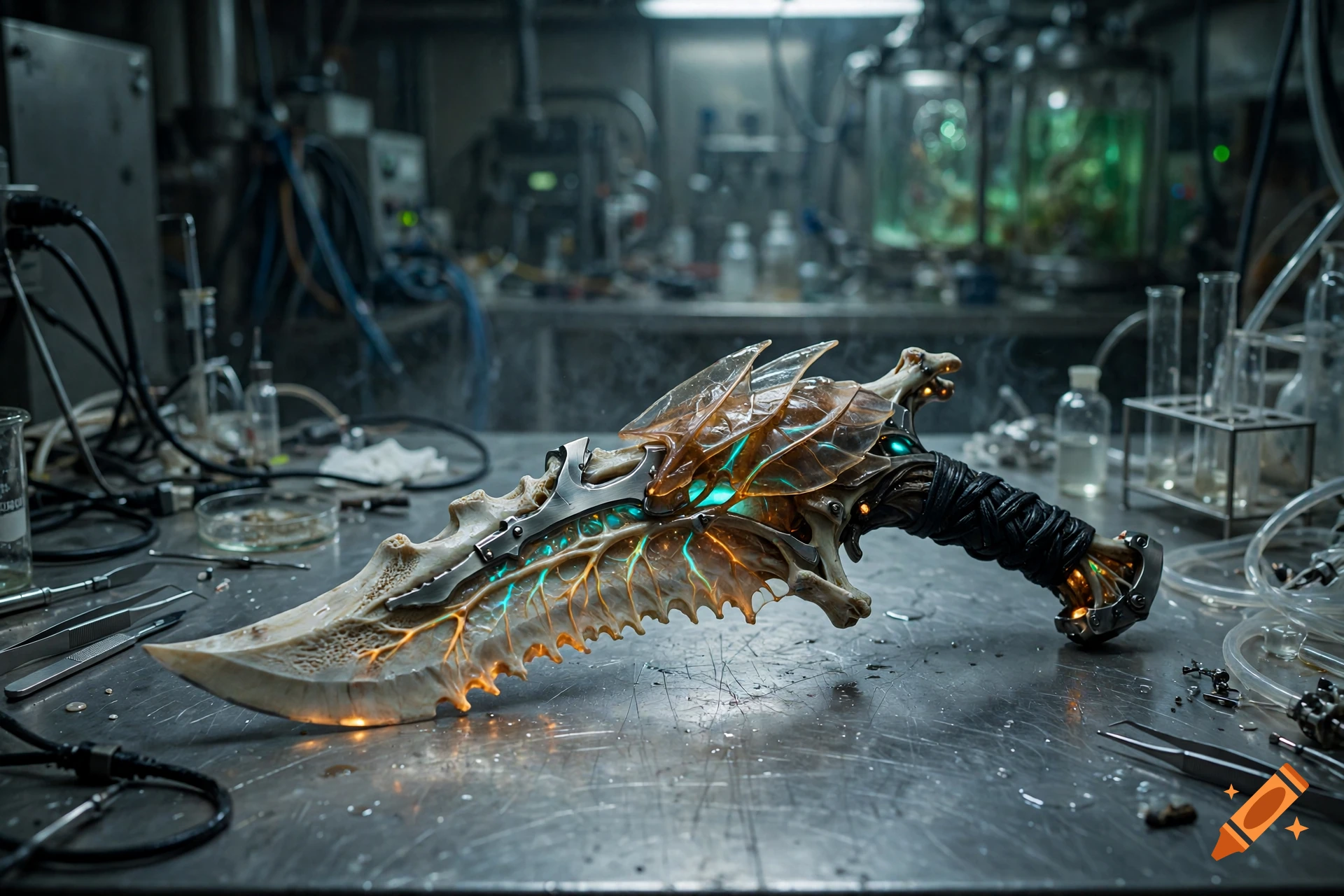 A photorealistic biopunk fantasy melee weapon with glowing green and orange light sitting on a metal laboratory table.