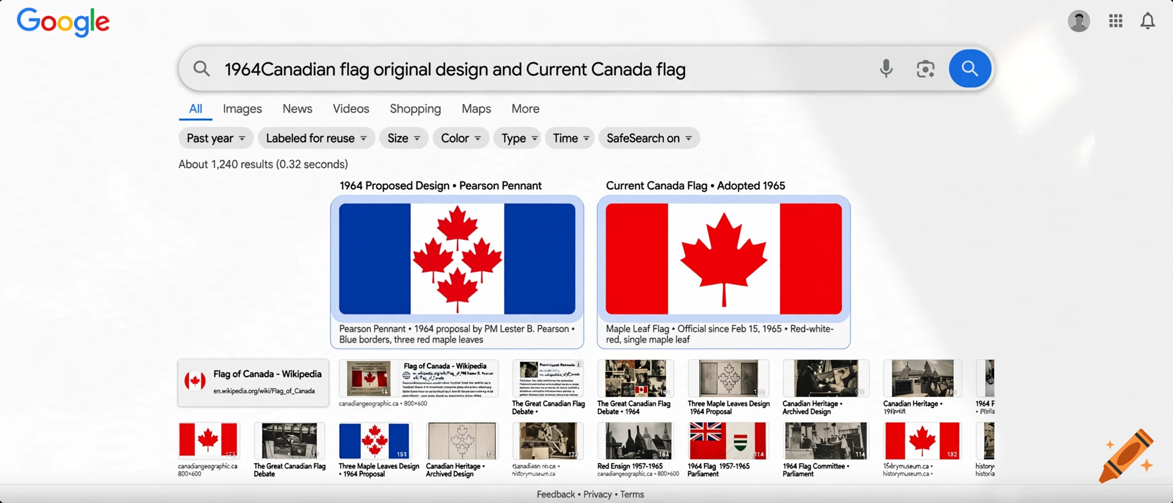 A Google search results page displaying the 1964 Canadian flag original design and current Canada flag.