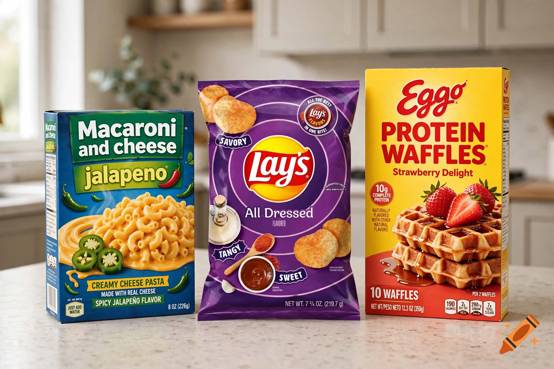 Three grocery items standing on a kitchen counter: a box of jalapeno macaroni and cheese, a bag of All Dressed potato chips, and a box of Eggo protein waffles.