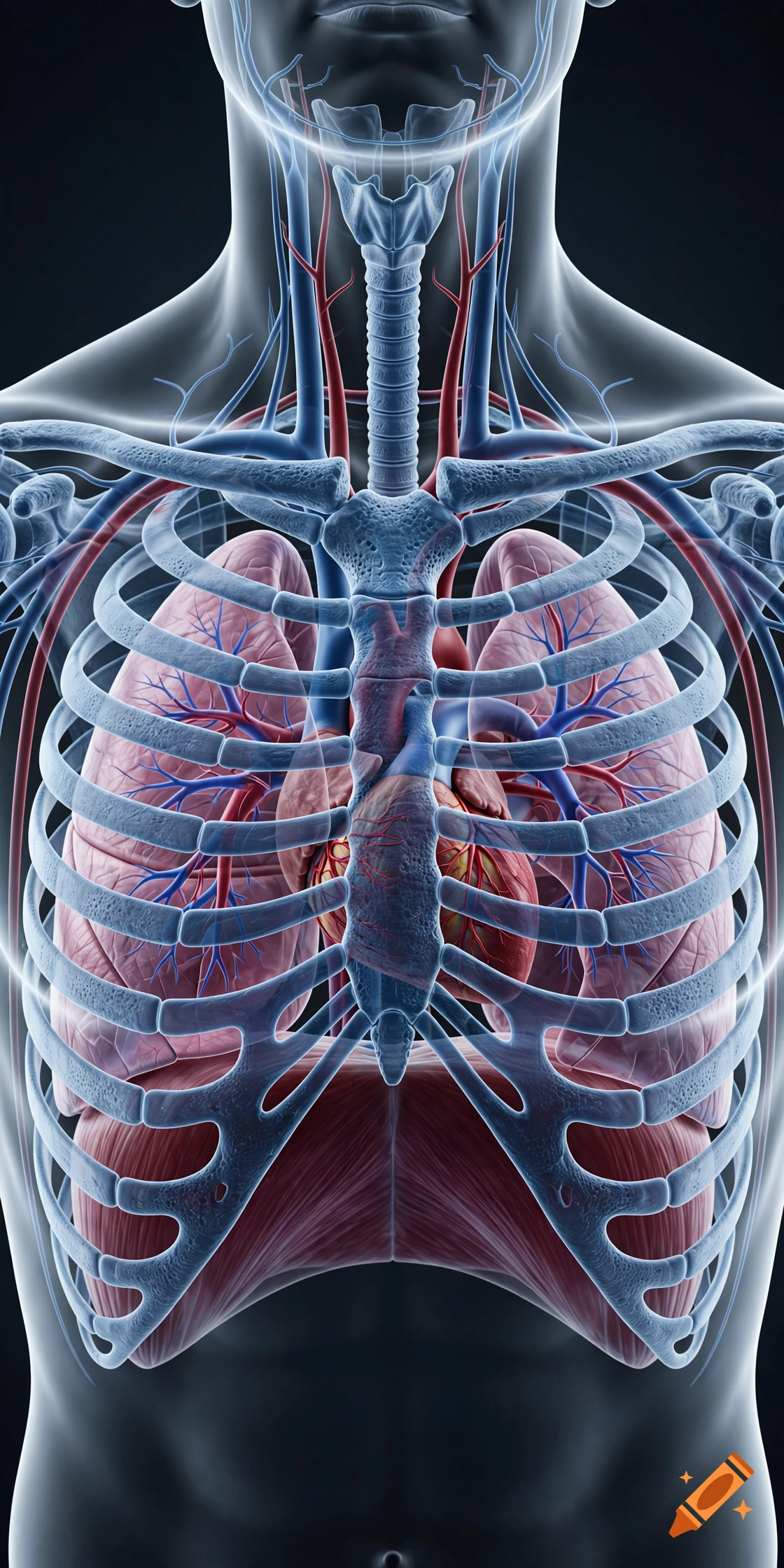 3D medical illustration showing the human rib cage, lungs, and heart.