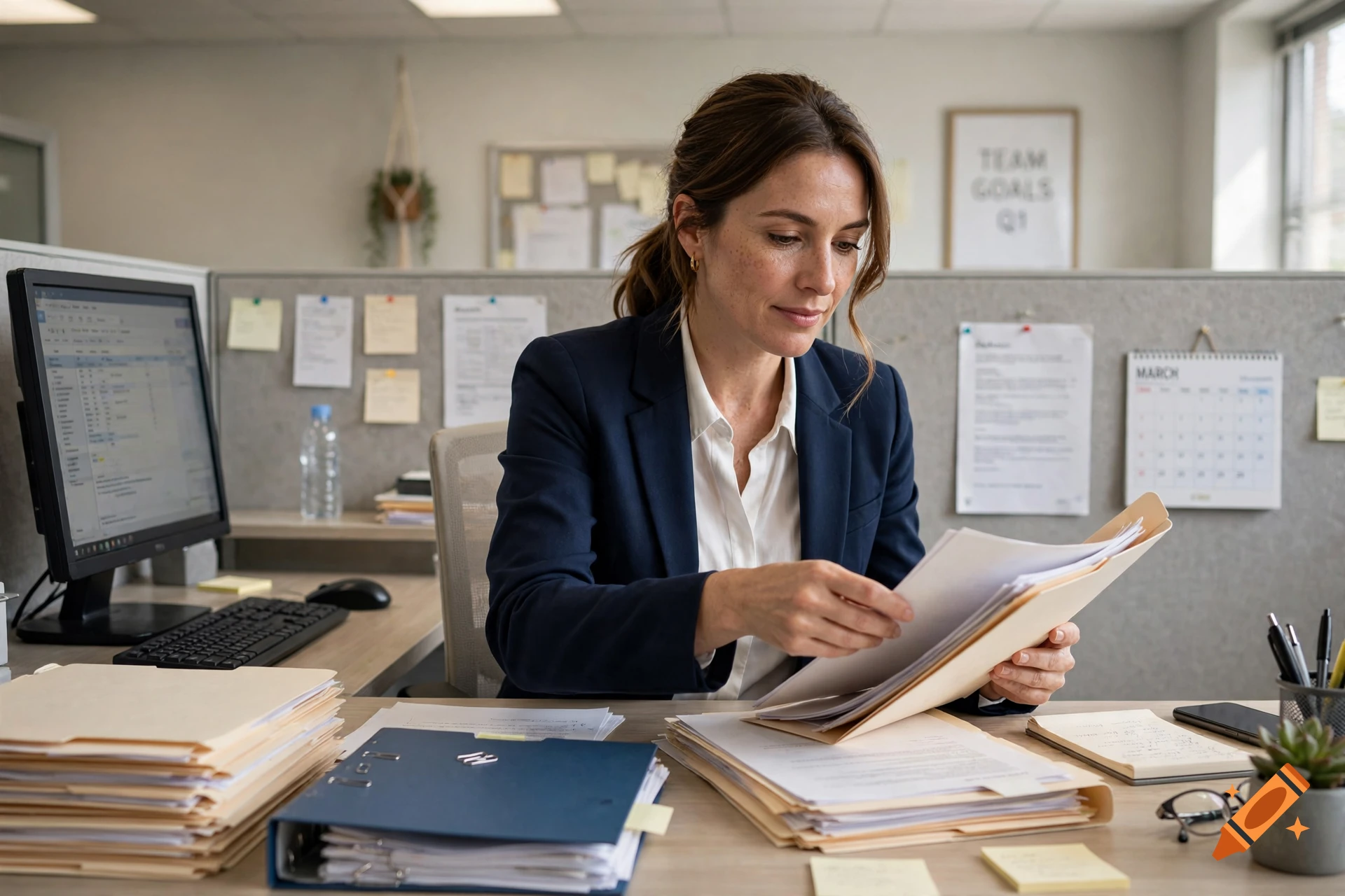 Photorealistic image of a woman in an office sorting through paper files at a desk.