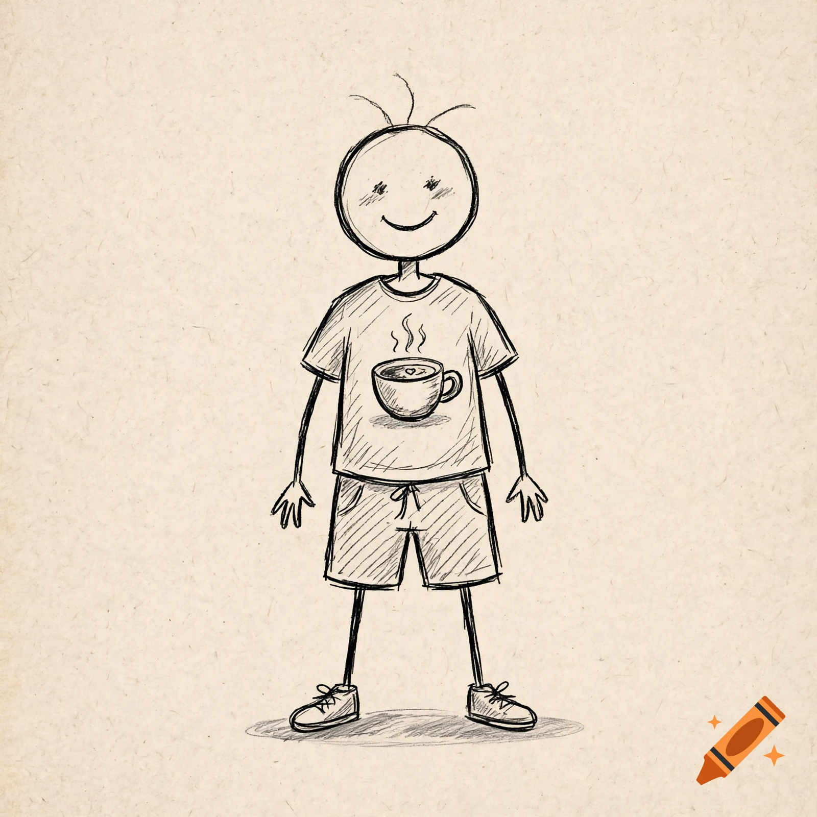 Pencil sketch of a simple stick figure with three strands of hair, a t-shirt with a coffee cup graphic, shorts, and shoes on paper.
