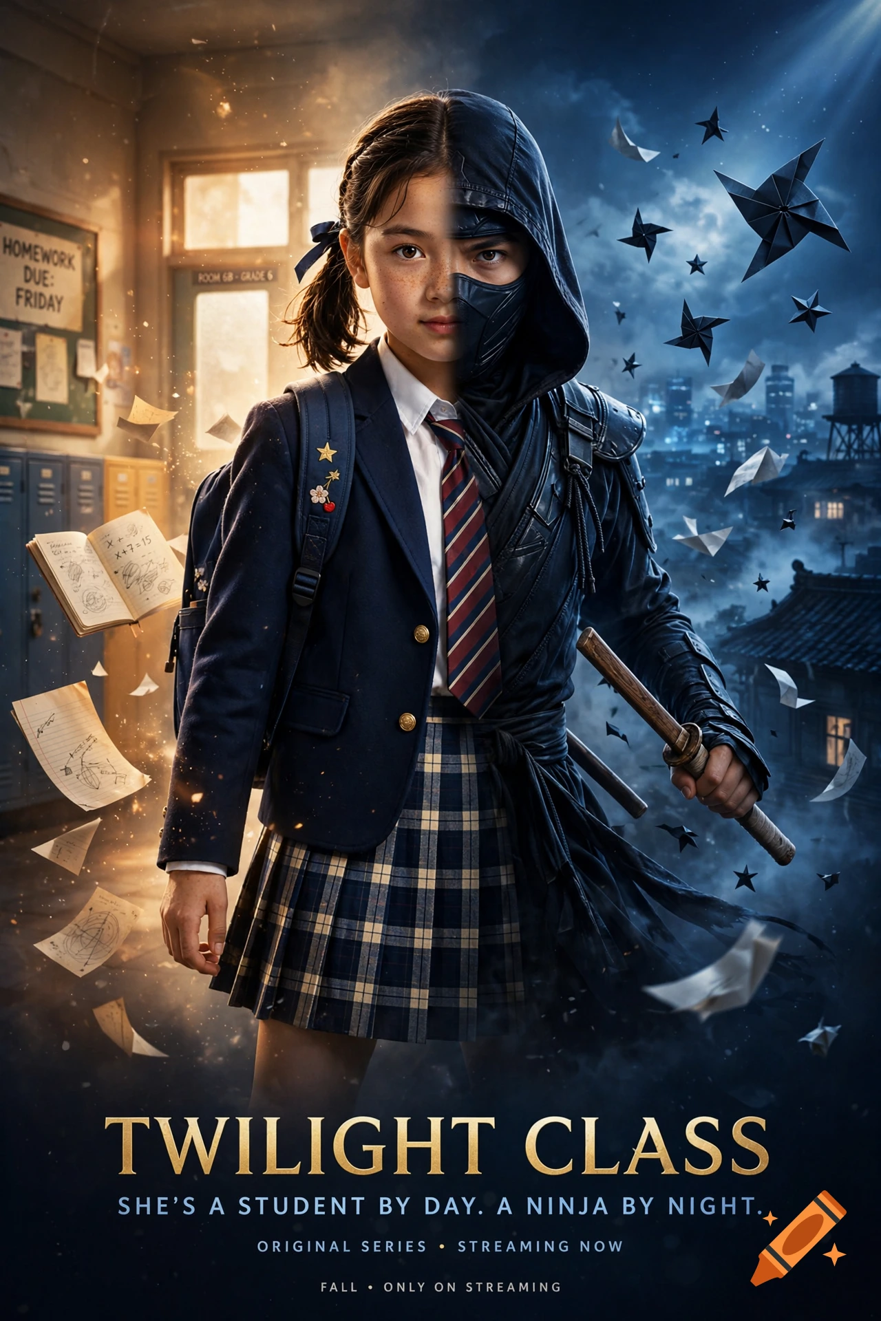 Cinematic promotional poster for Twilight Class showing a schoolgirl split between her student persona and a ninja.