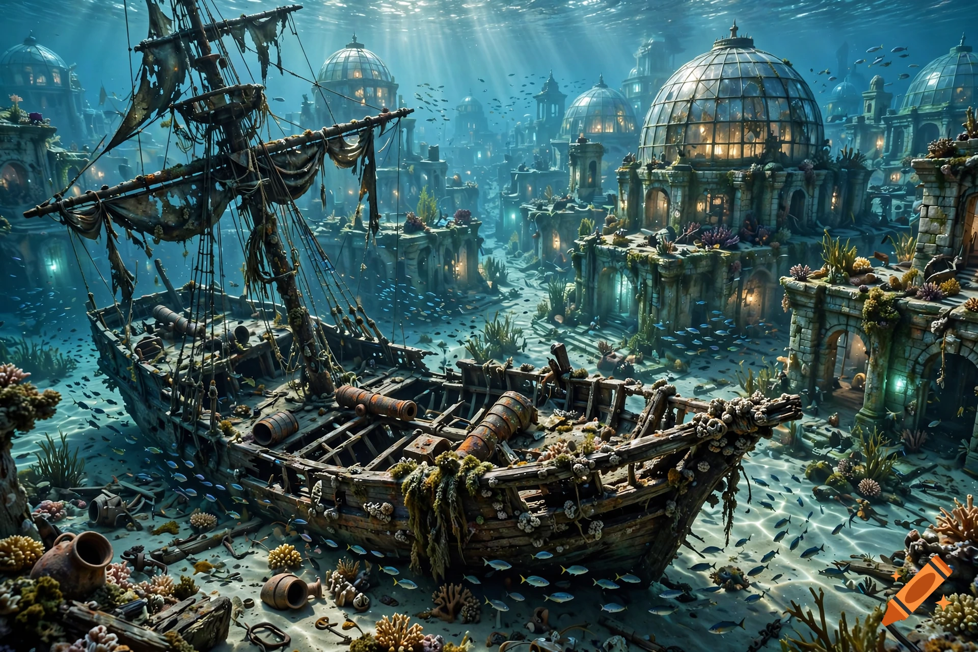 An old, ruined pirate ship resting on the seabed of an underwater city featuring glass-domed architectural structures and swimming fish, photorealistic.