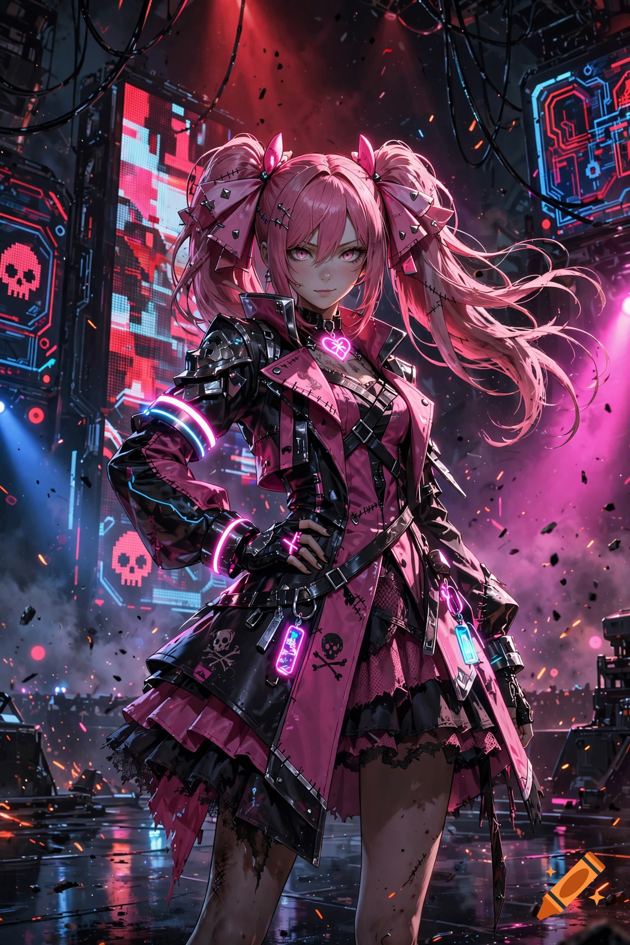 Anime style illustration of a female character with pink pigtails, wearing a cyberpunk punk rock outfit in a futuristic setting.